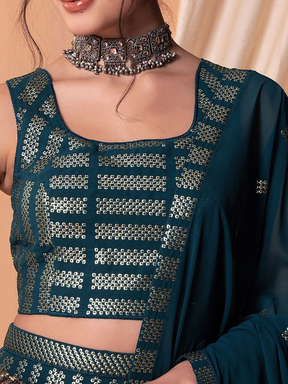 Captivating Teal Blue Sequins Georgette Party Lehenga Choli for Women