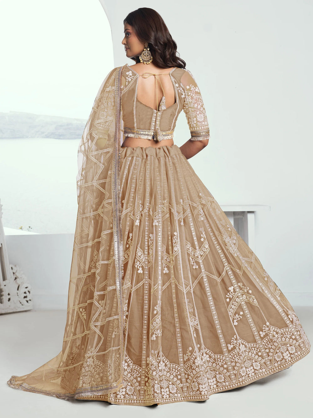 Beige Slate Embroidered Net Engagement Wear Lehenga Choli for Women