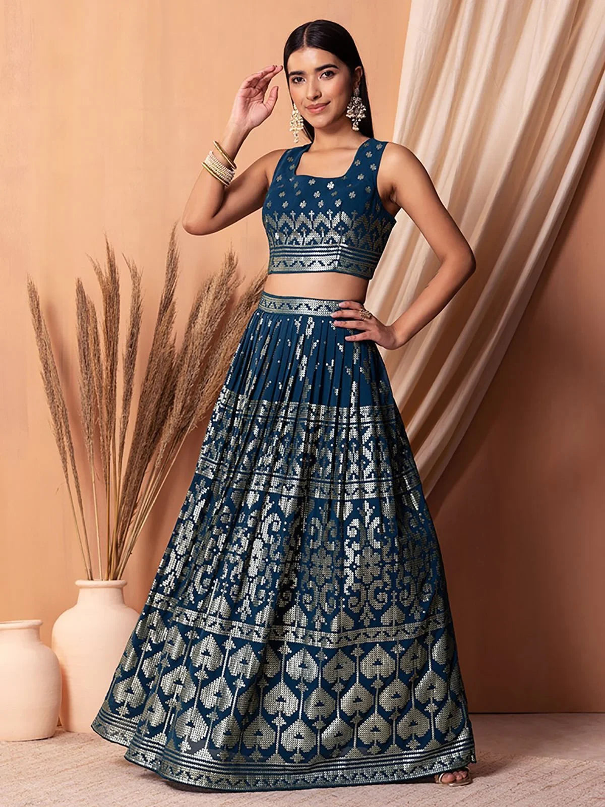 Blue Sequins Georgette Sangeet Lehenga Choli for Women
