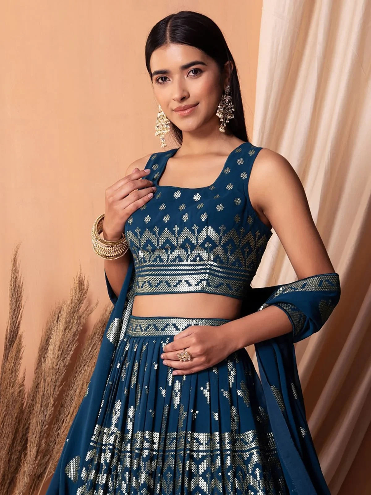 Blue Sequins Georgette Sangeet Lehenga Choli for Women