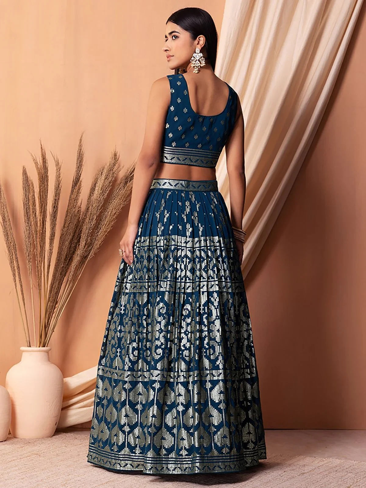 Blue Sequins Georgette Sangeet Lehenga Choli for Women