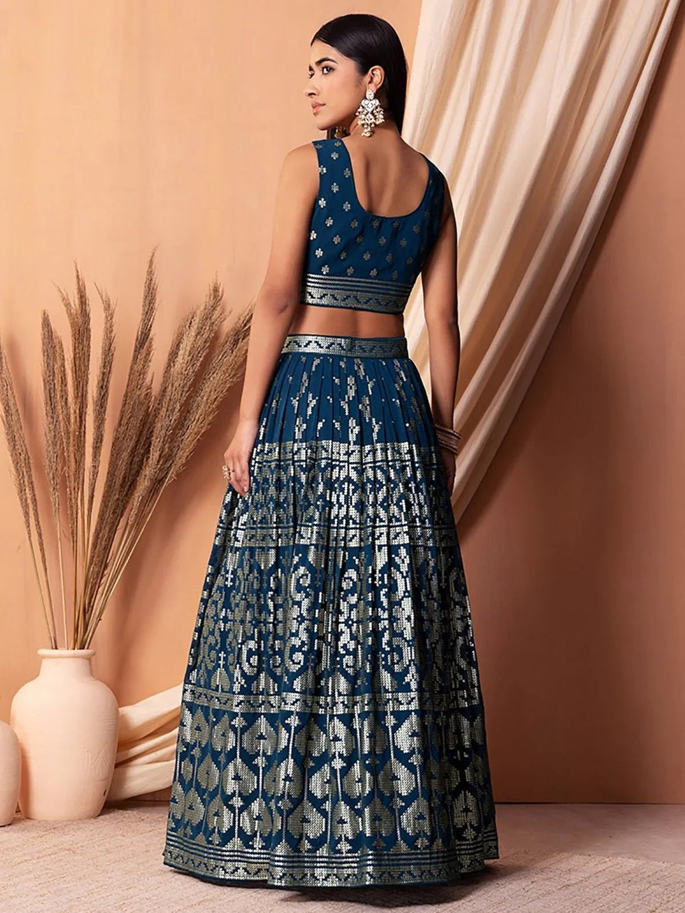 Blue Sequins Georgette Sangeet Lehenga Choli for Women