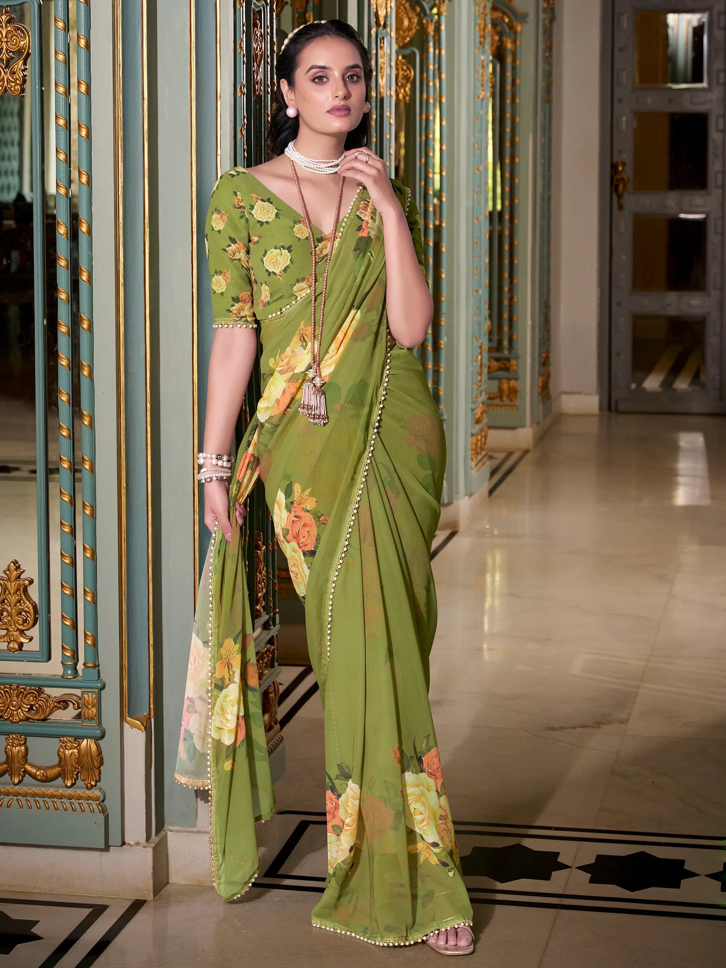 Mehendi Green Georgette Printed Saree With Blouse