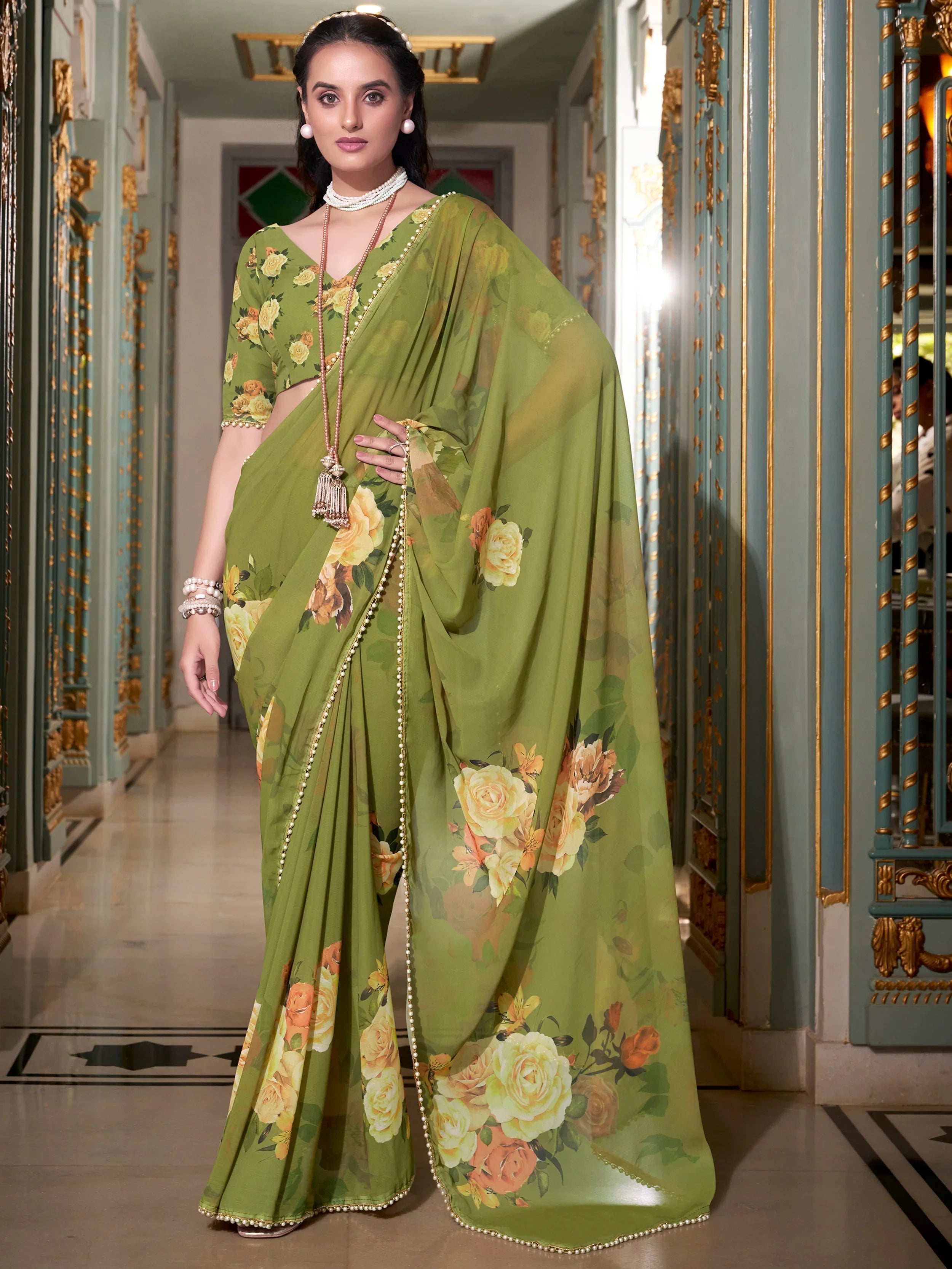 Mehendi Green Georgette Printed Saree With Blouse