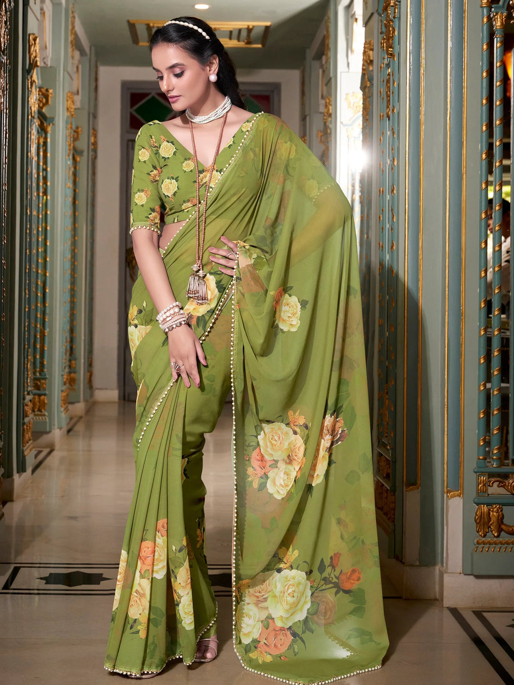 Mehendi Green Georgette Printed Saree With Blouse