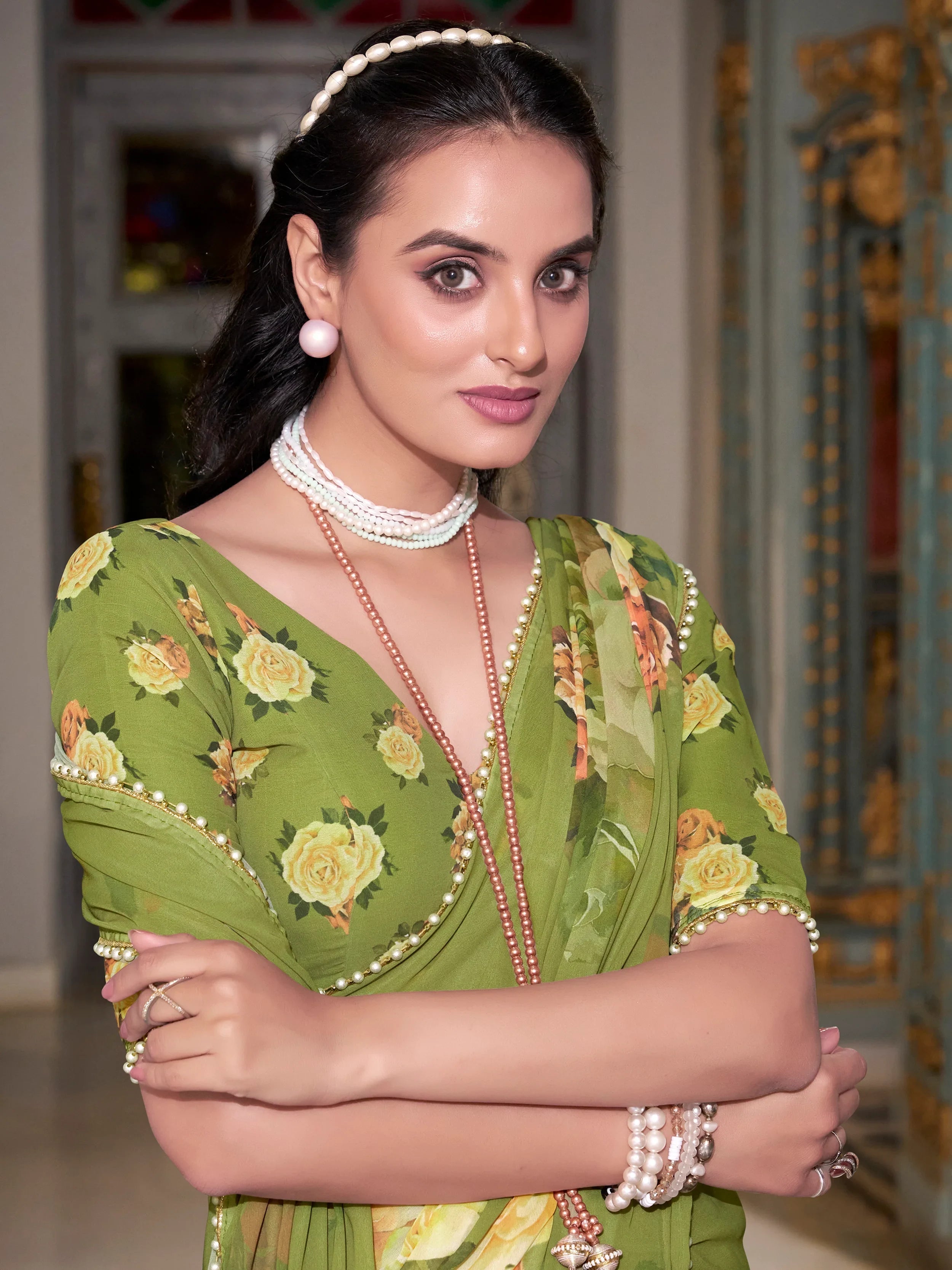 Mehendi Green Georgette Printed Saree With Blouse