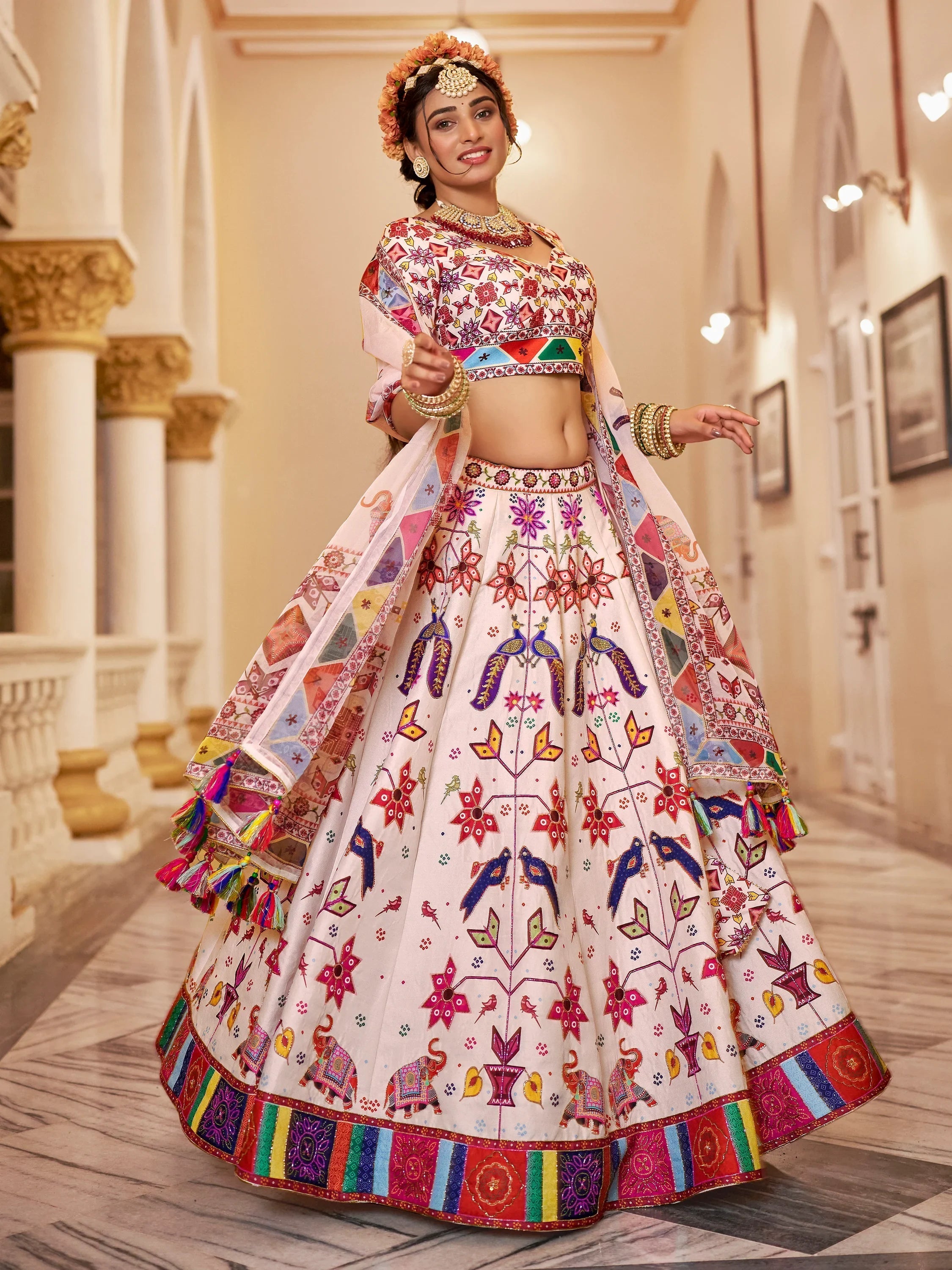 Off-White Printed Art Silk Lehenga Choli With Dupatta for Women