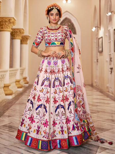 Off-White Printed Art Silk Lehenga Choli With Dupatta for Women