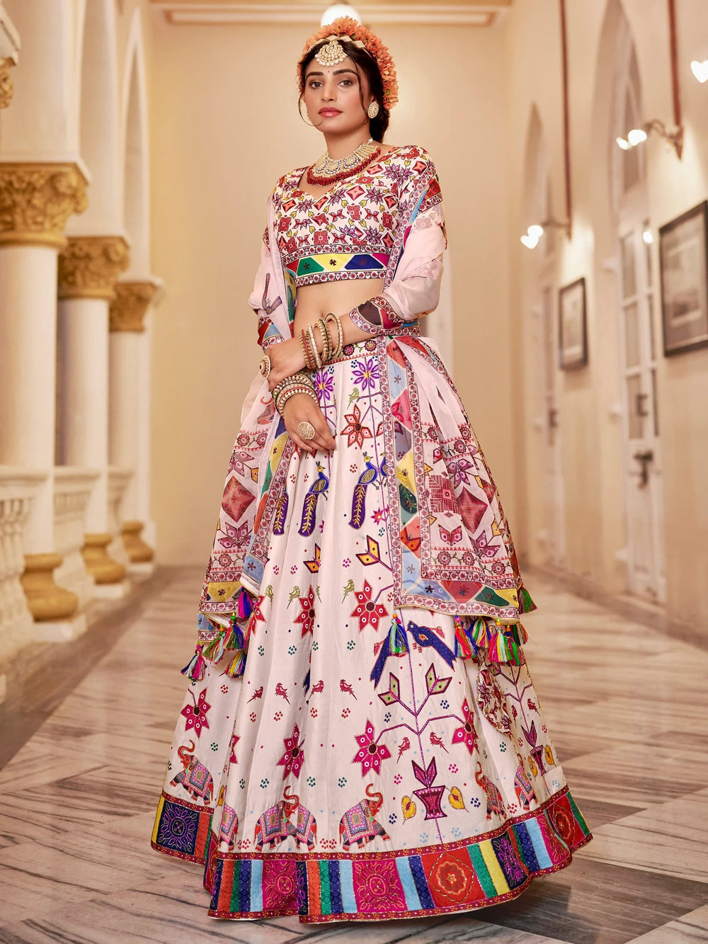 Off-White Printed Art Silk Lehenga Choli With Dupatta for Women