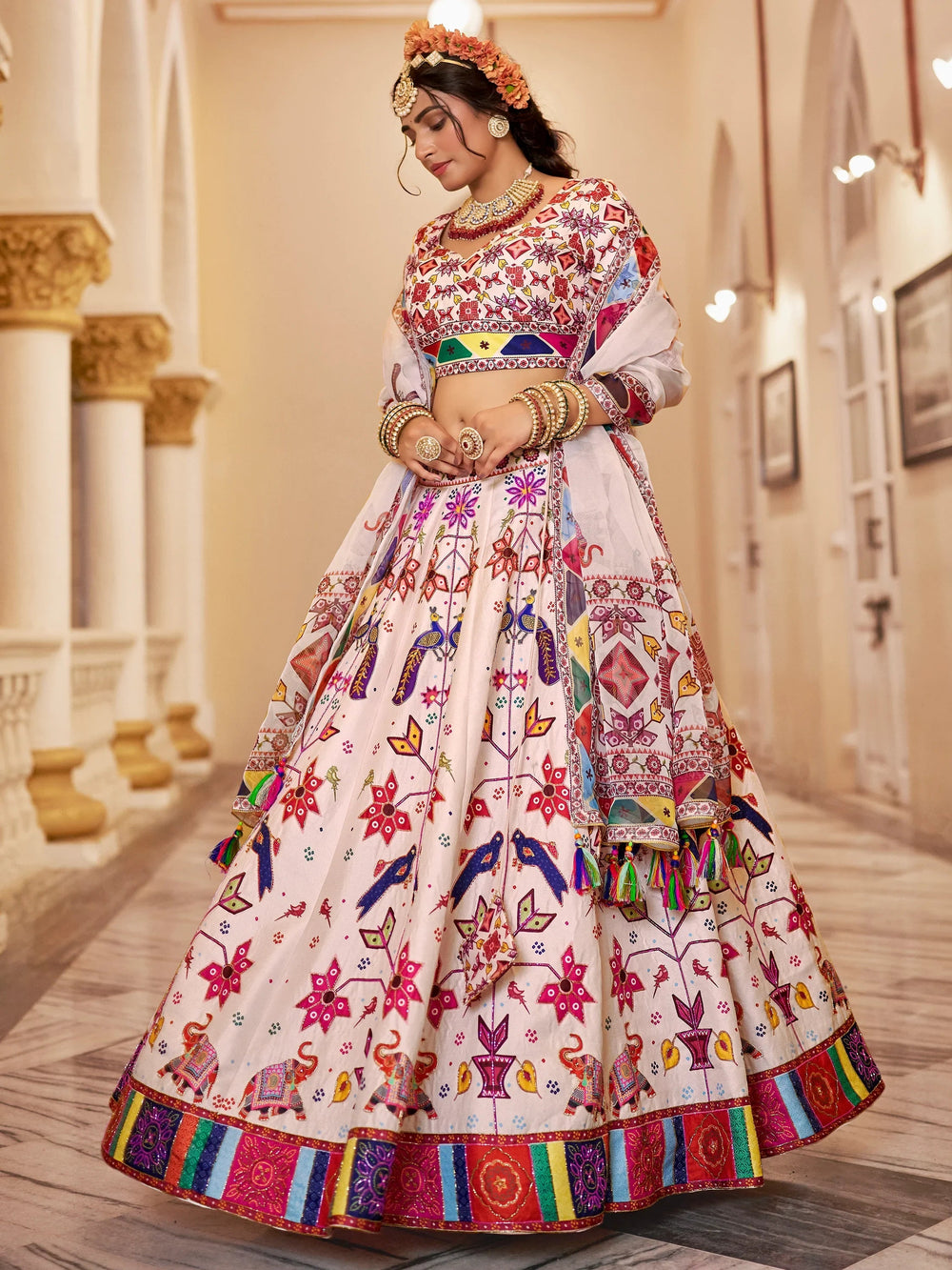 Off-White Printed Art Silk Lehenga Choli With Dupatta for Women