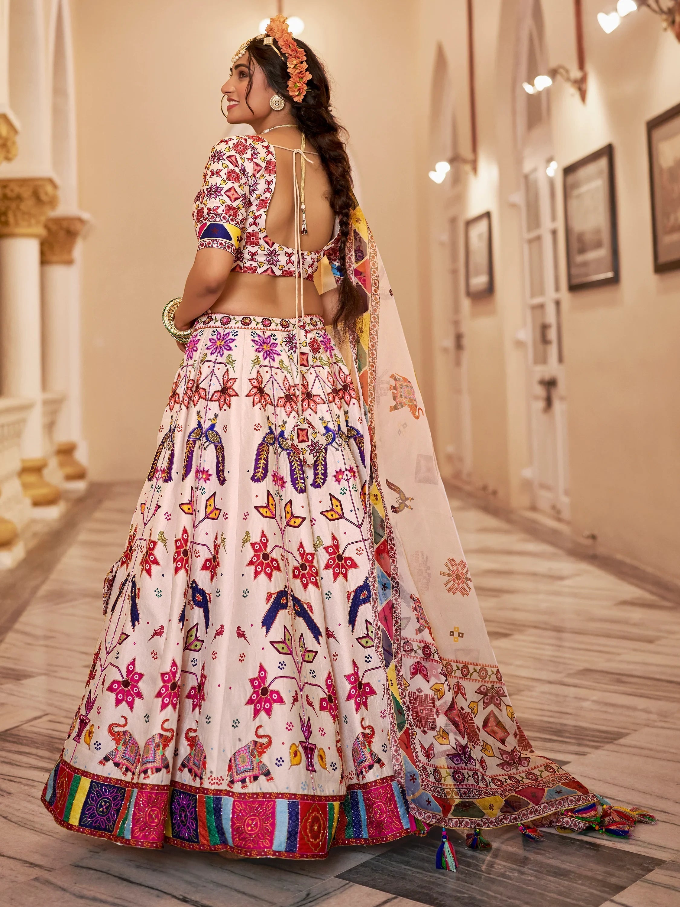 Off-White Printed Art Silk Lehenga Choli With Dupatta for Women