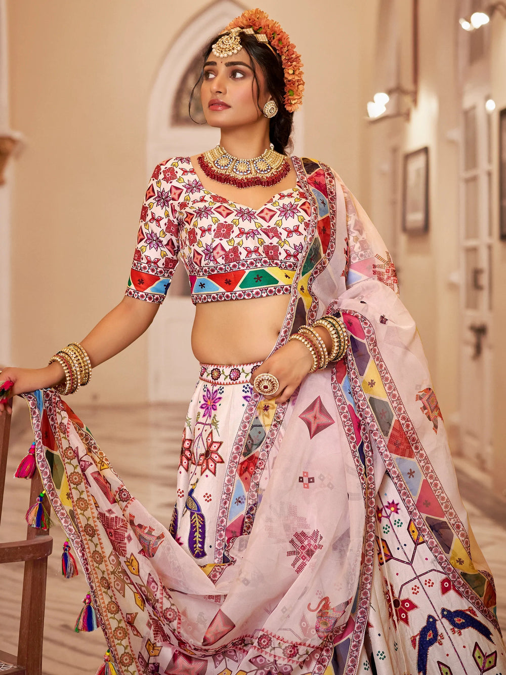 Off-White Printed Art Silk Lehenga Choli With Dupatta for Women