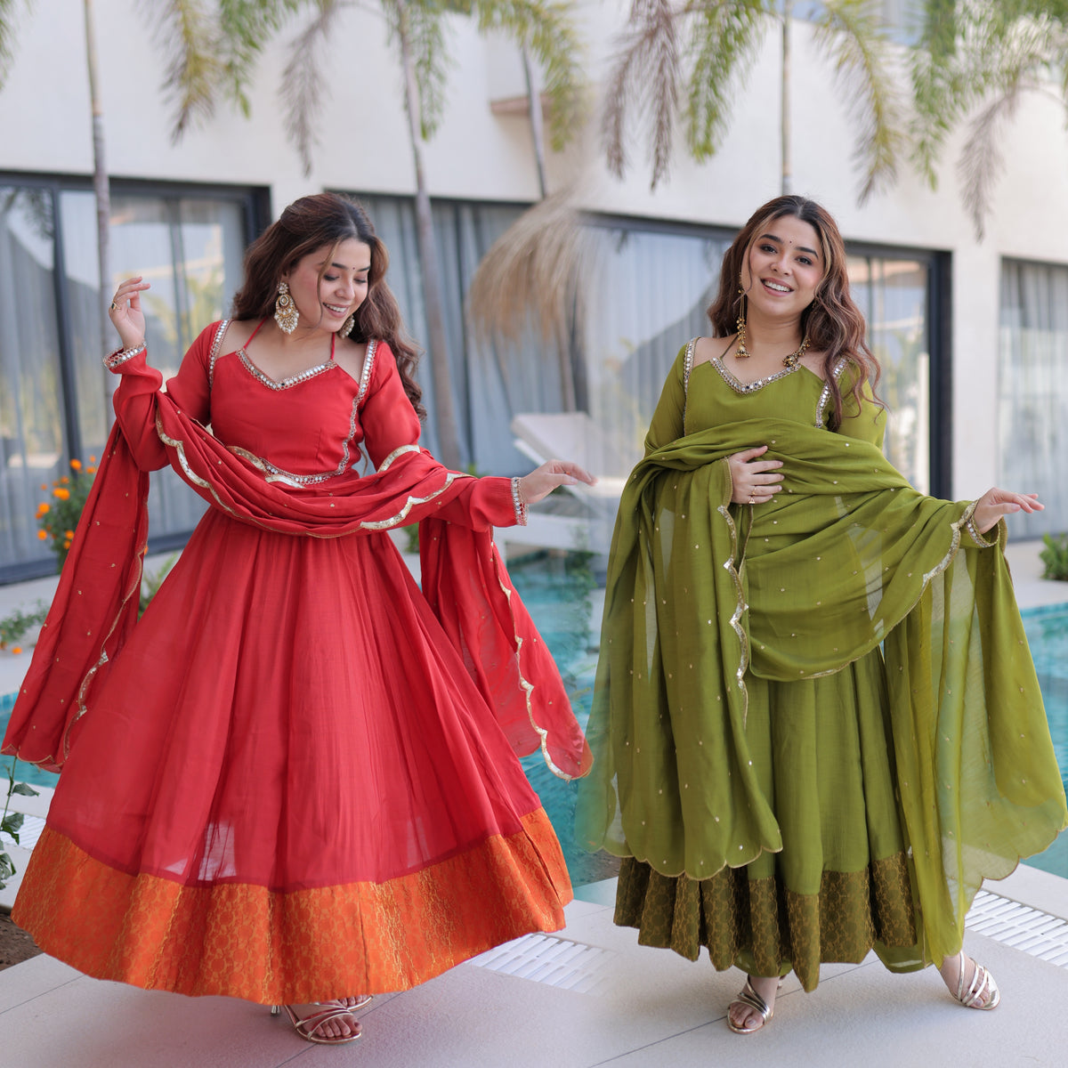 Chanderi Lace Work Mehendi Anarkali Suit With Pant