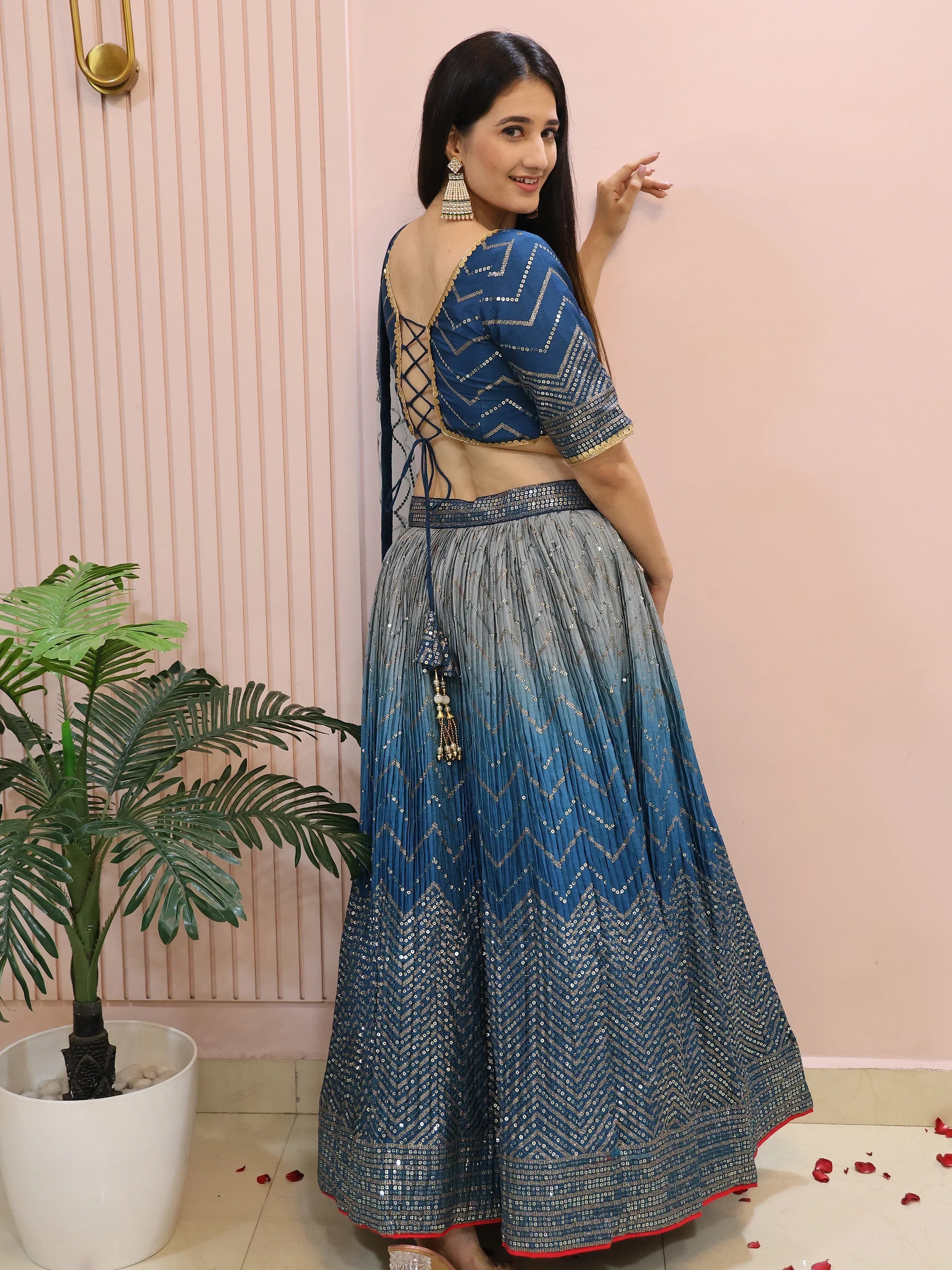 Blue Sensational Sequins Chinon Function Lehenga Choli for Ladies