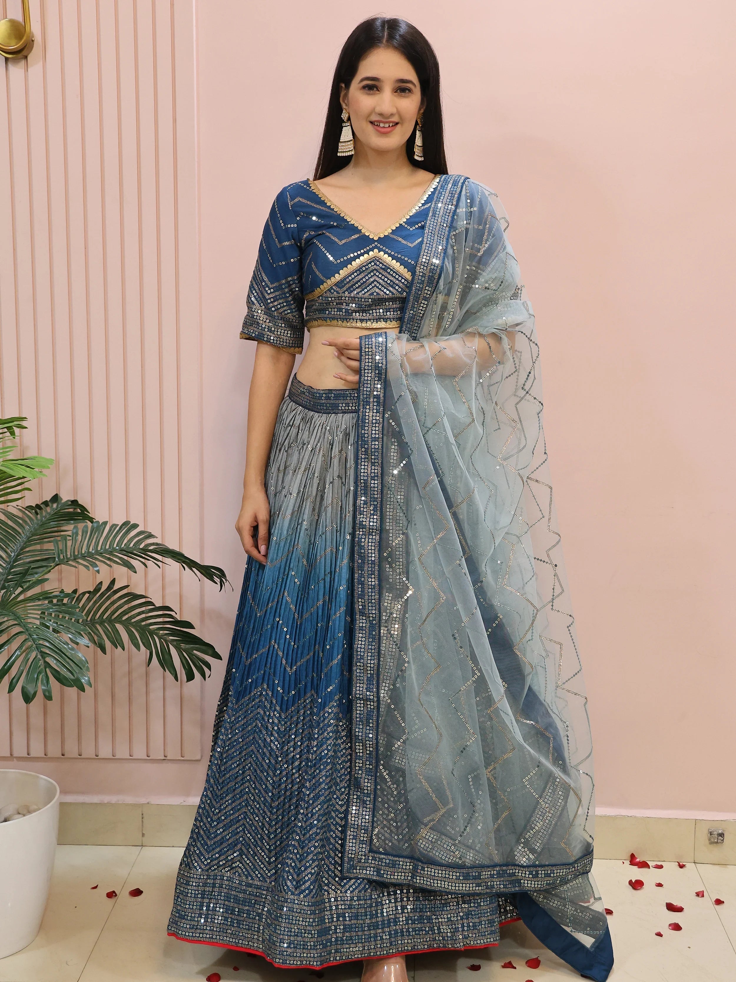 Blue Sensational Sequins Chinon Function Lehenga Choli for Ladies