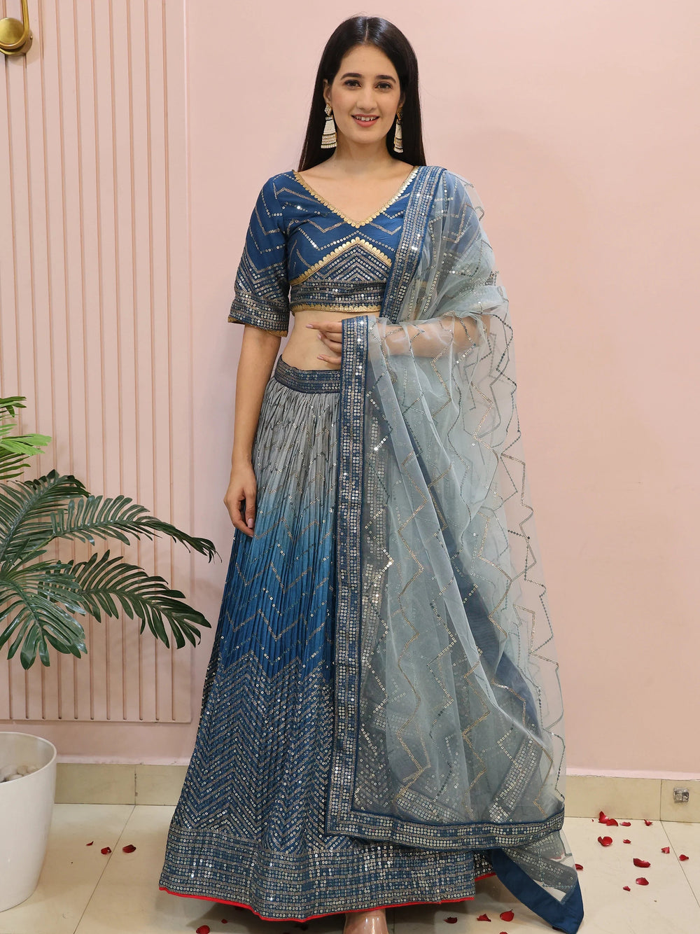 Blue Sensational Sequins Chinon Function Lehenga Choli for Ladies