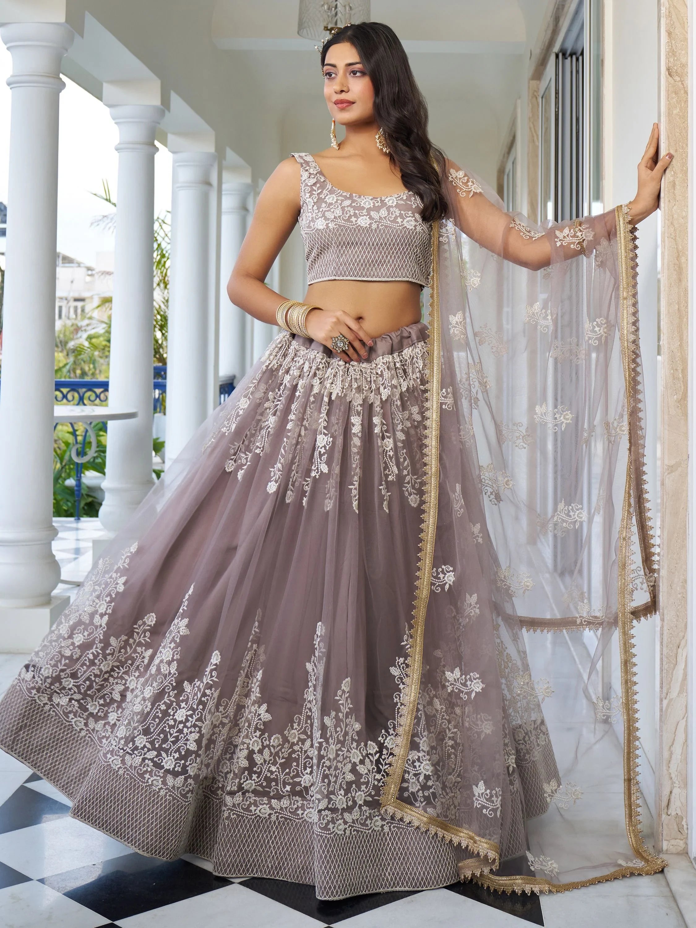 Brown Embroidered Net Engagement Wear Lehenga Choli for Women