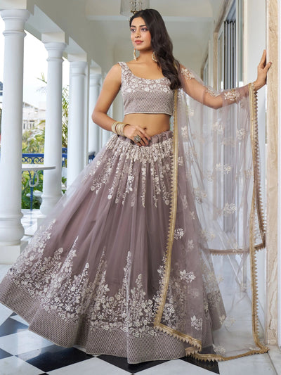 Brown Embroidered Net Engagement Wear Lehenga Choli for Women