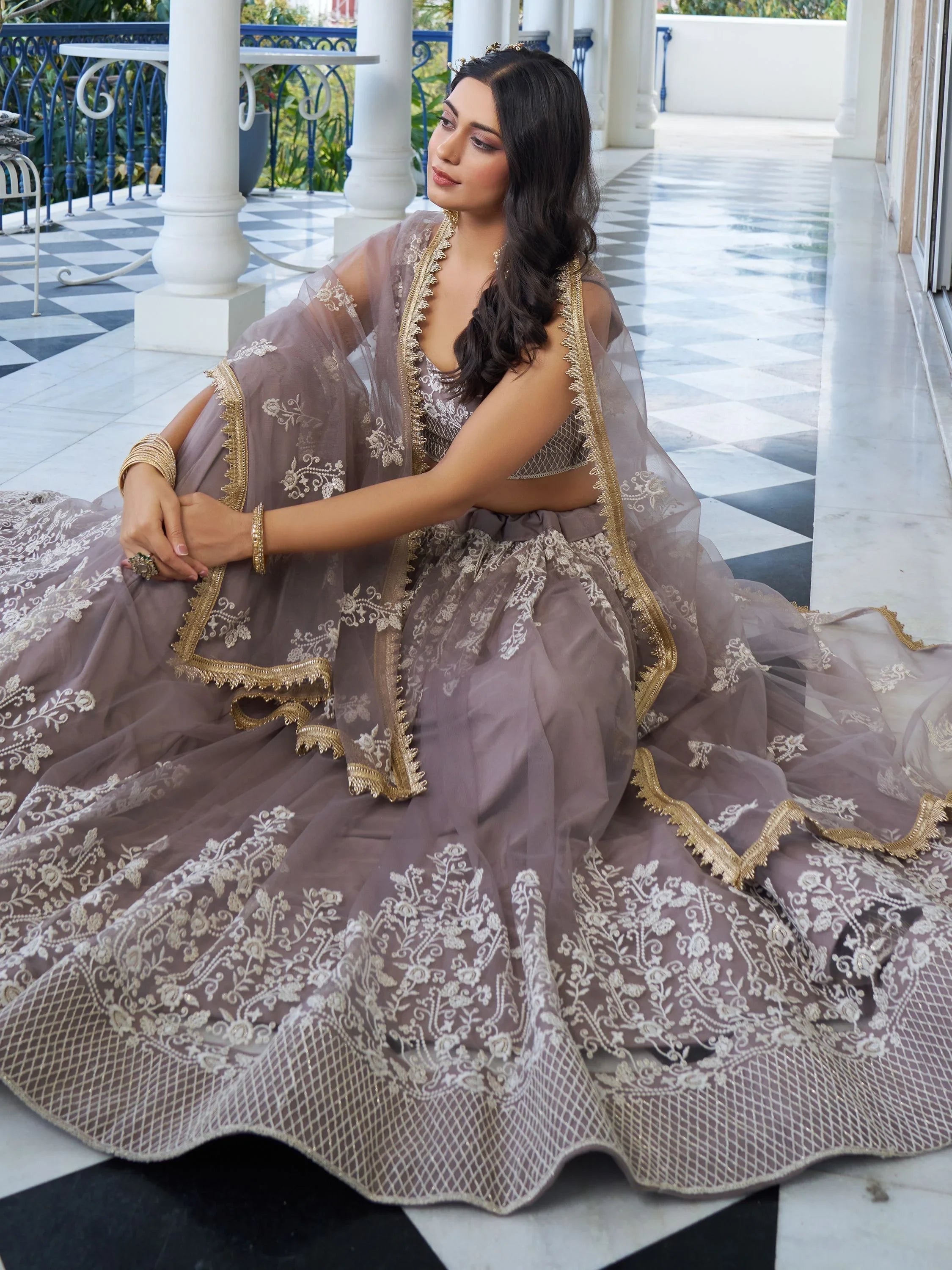 Brown Embroidered Net Engagement Wear Lehenga Choli for Women