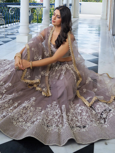 Brown Embroidered Net Engagement Wear Lehenga Choli for Women