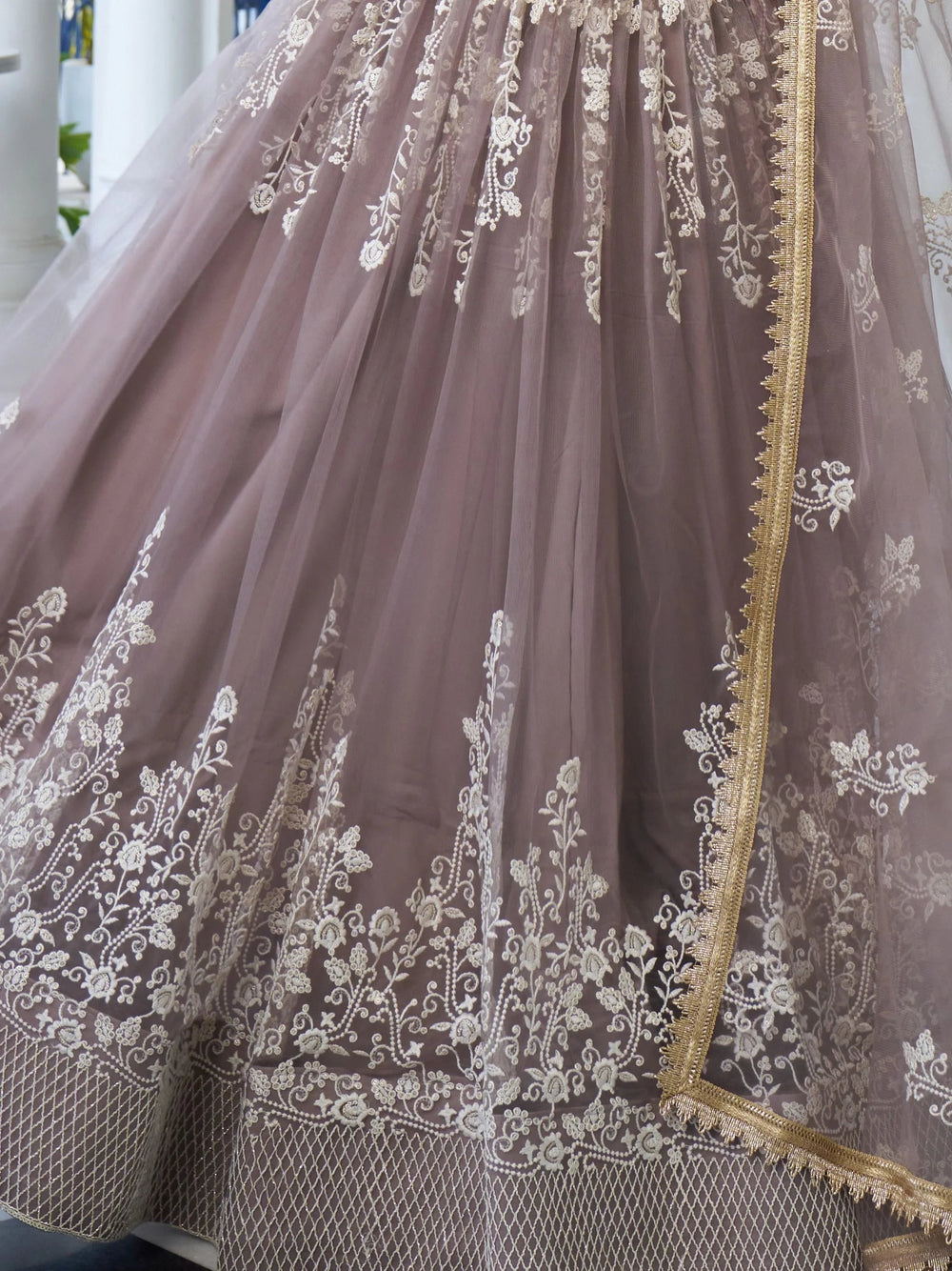 Brown Embroidered Net Engagement Wear Lehenga Choli for Women