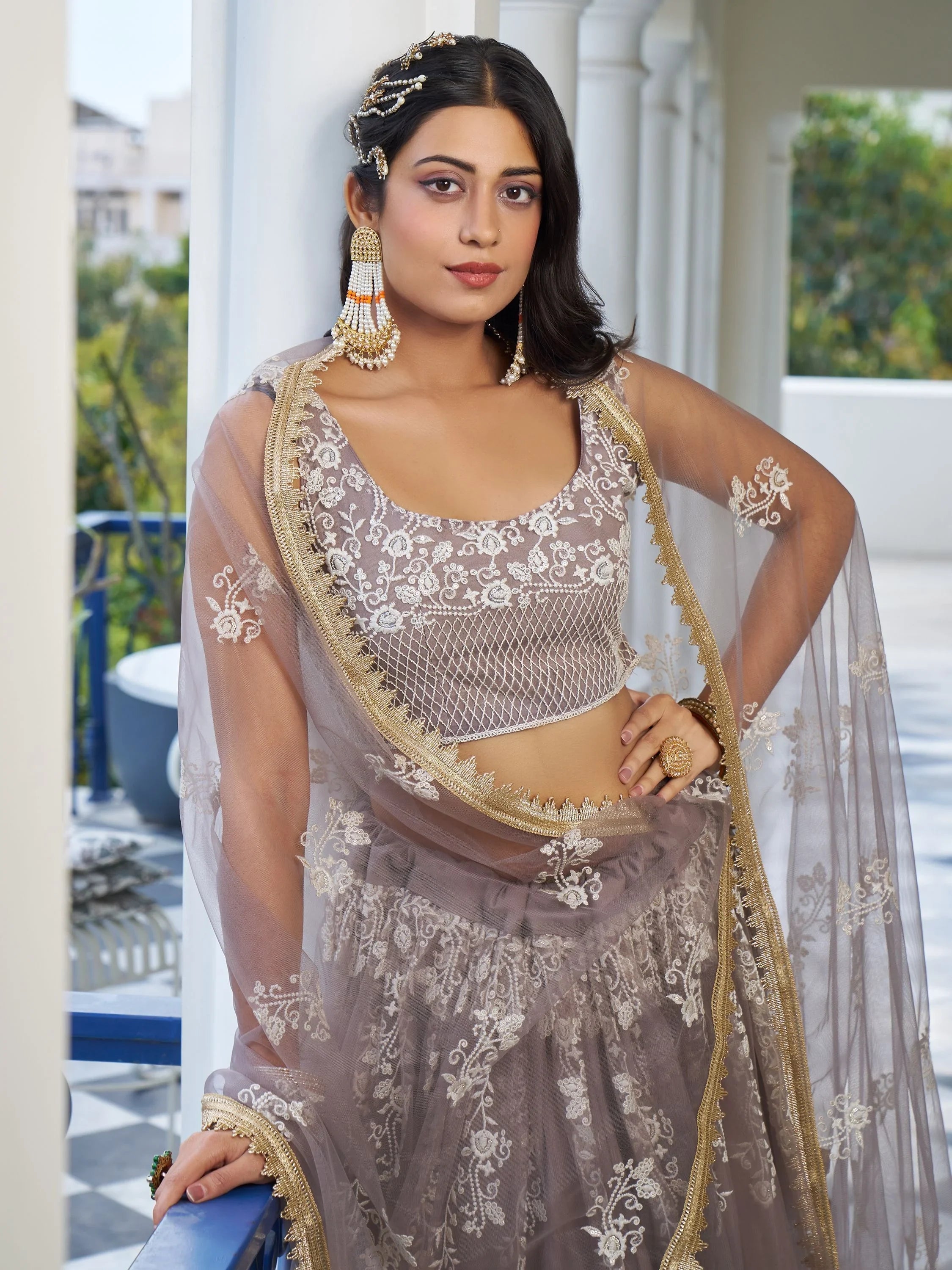Brown Embroidered Net Engagement Wear Lehenga Choli for Women
