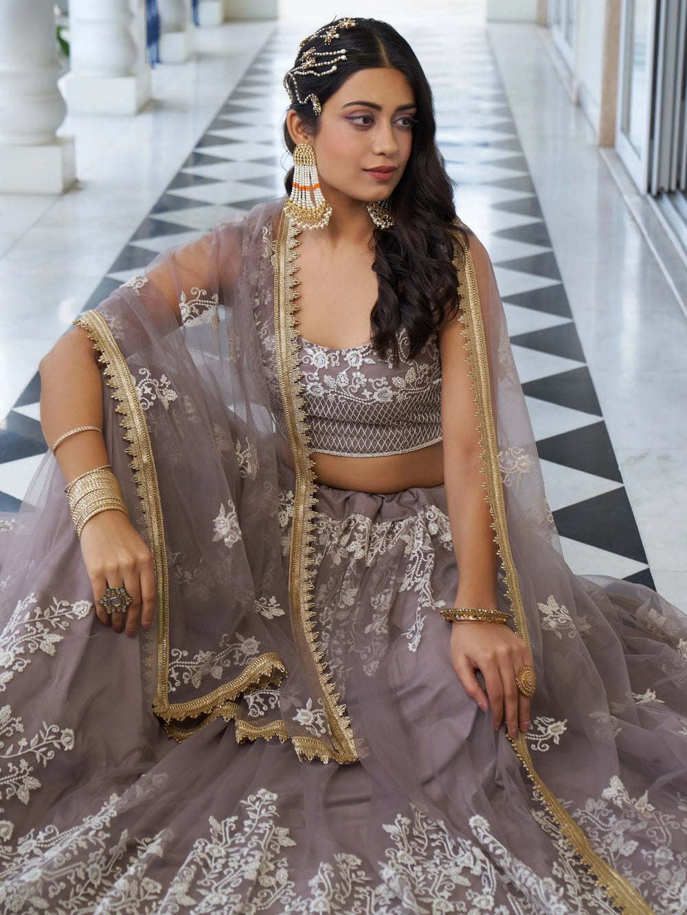 Brown Embroidered Net Engagement Wear Lehenga Choli for Women