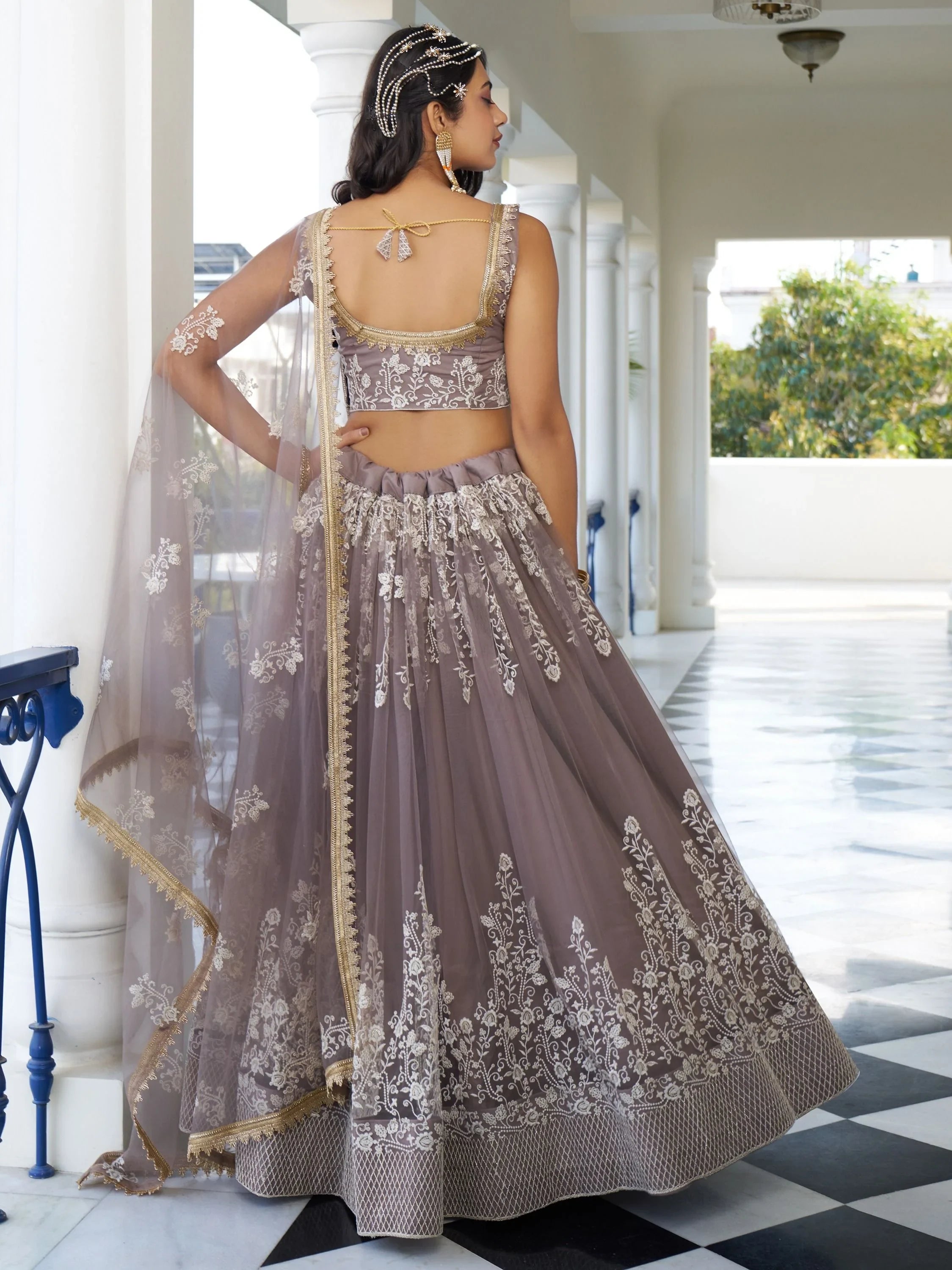 Brown Embroidered Net Engagement Wear Lehenga Choli for Women