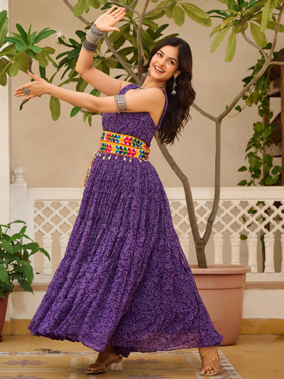 Purple Bandhani Print Georgette Navratri Wear Gown for Women