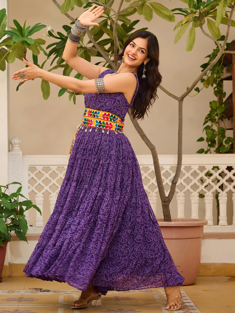 Purple Bandhani Print Georgette Navratri Wear Gown for Women