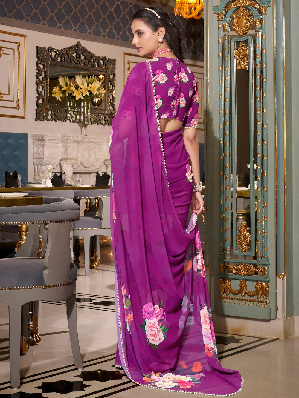 Purple Georgette Floral Print Saree With Blouse
