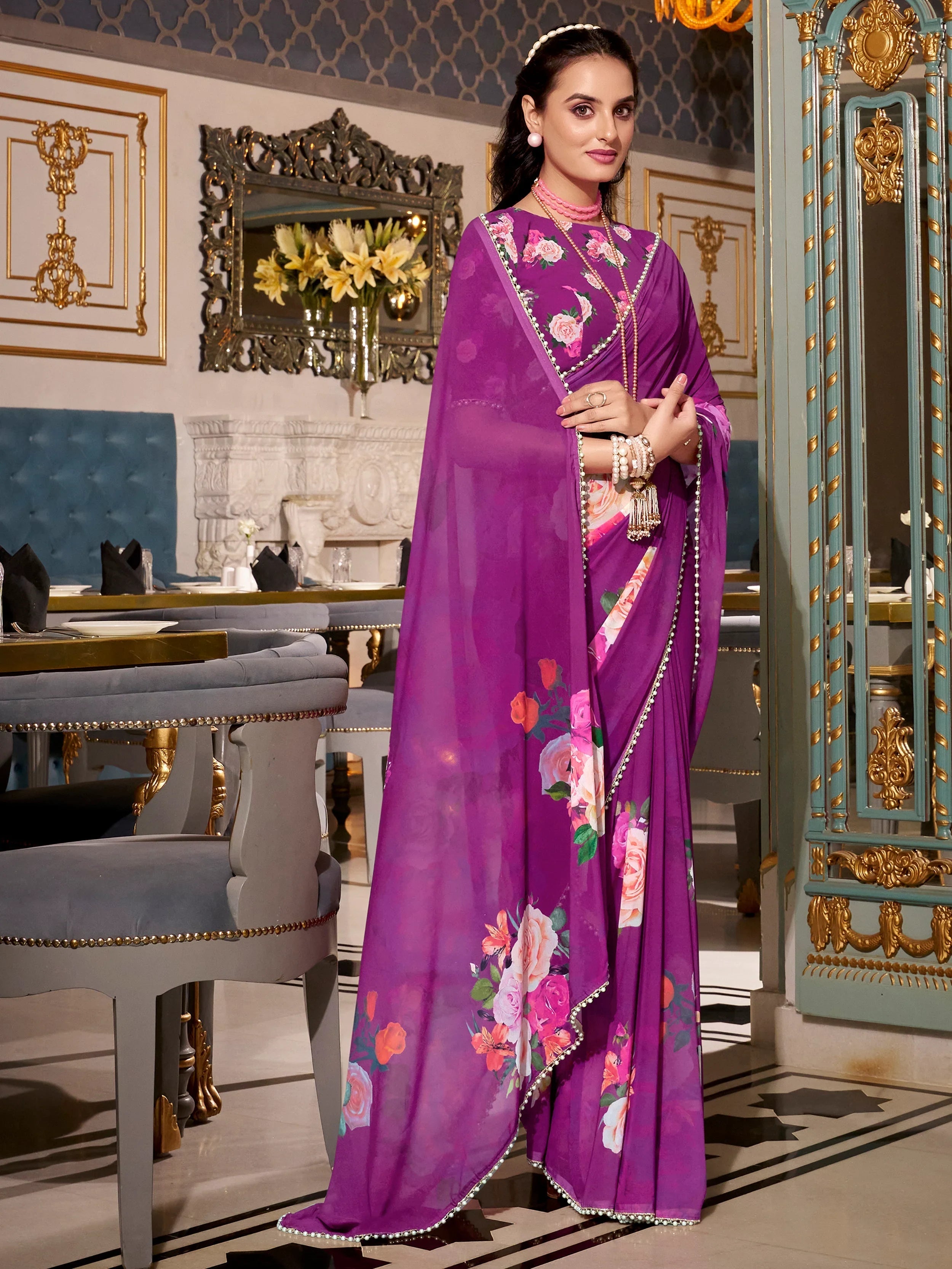 Purple Georgette Floral Print Saree With Blouse