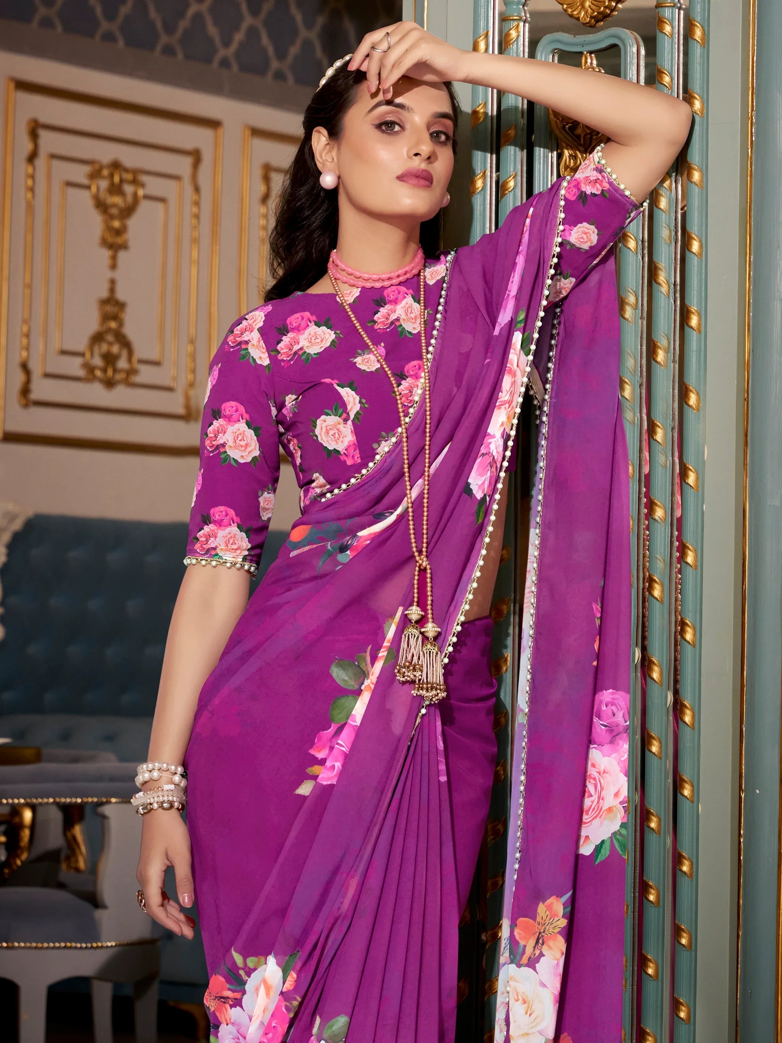 Purple Georgette Floral Print Saree With Blouse