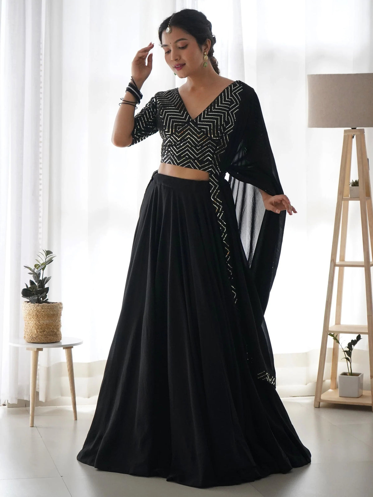 Desirable Black Color Sequins Georgette Event Wear Lehenga Choli for Women