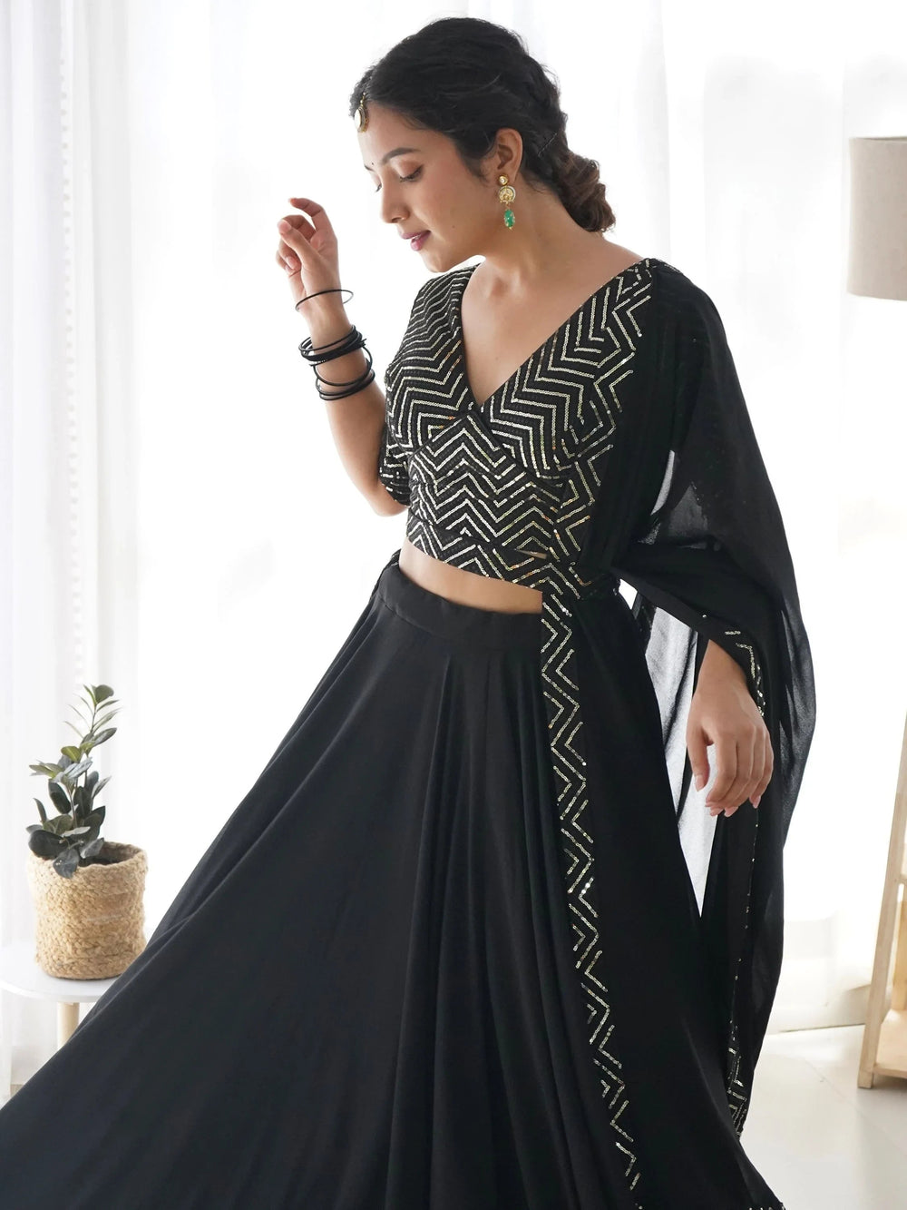 Desirable Black Color Sequins Georgette Event Wear Lehenga Choli for Women