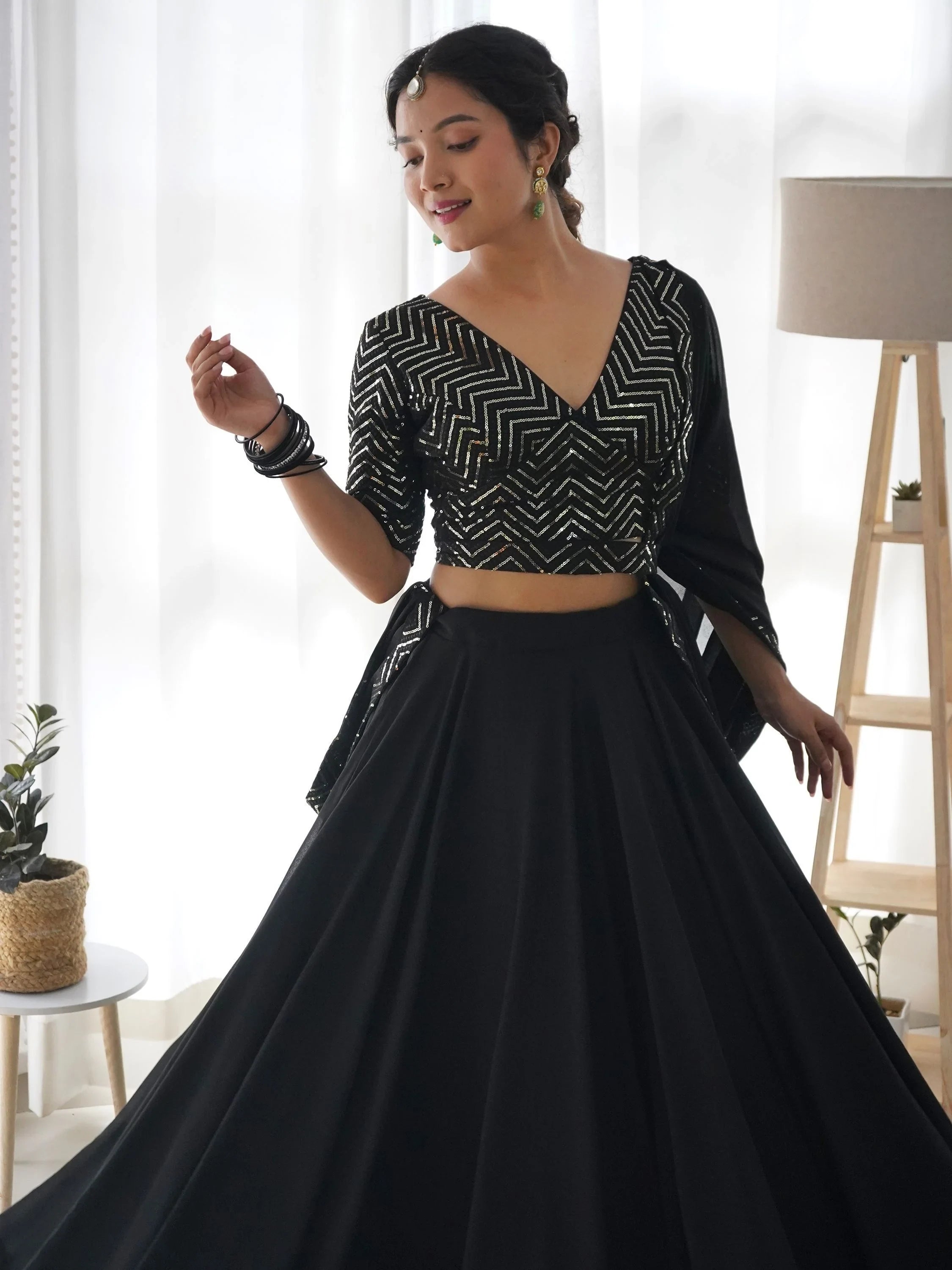 Desirable Black Color Sequins Georgette Event Wear Lehenga Choli for Women