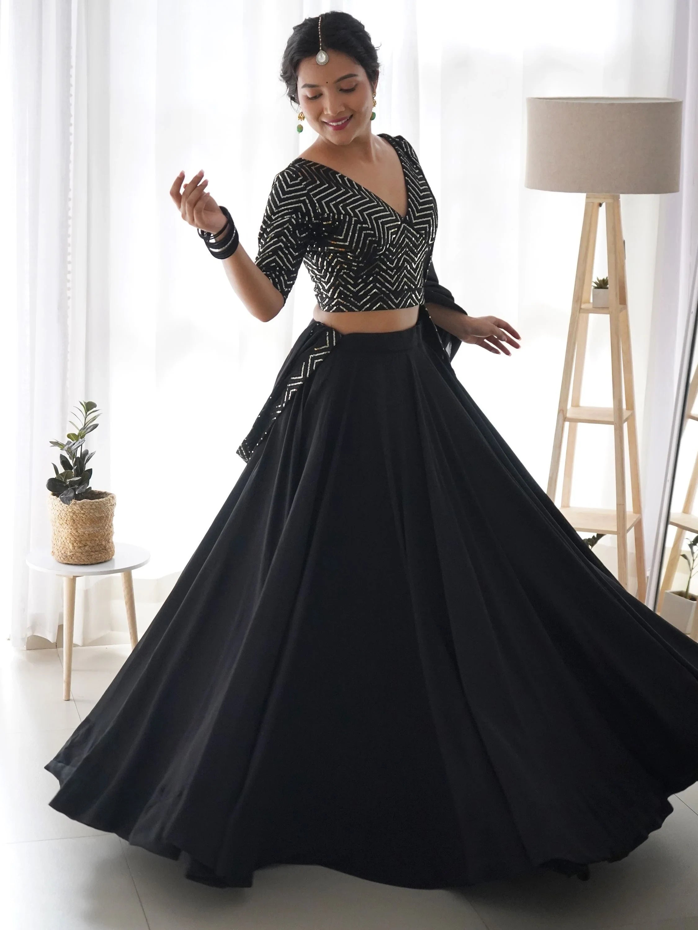 Desirable Black Color Sequins Georgette Event Wear Lehenga Choli for Women