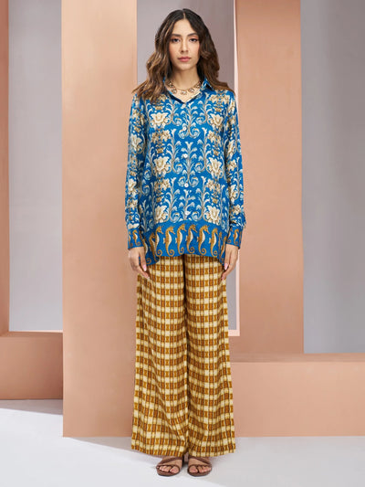 Royal Blue Floral Printed Silk Casual Wear Co-Ord Set