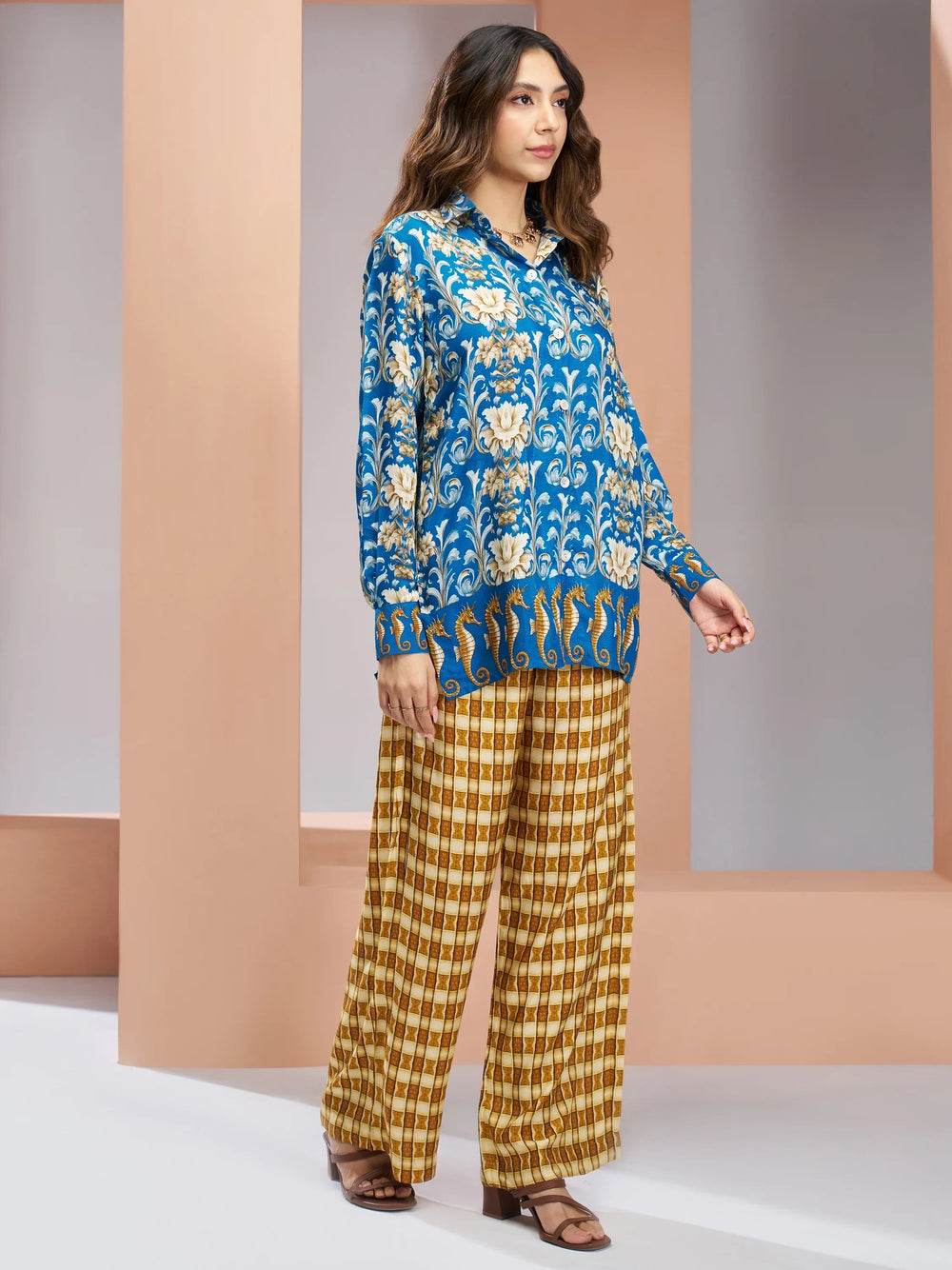 Royal Blue Floral Printed Silk Casual Wear Co-Ord Set