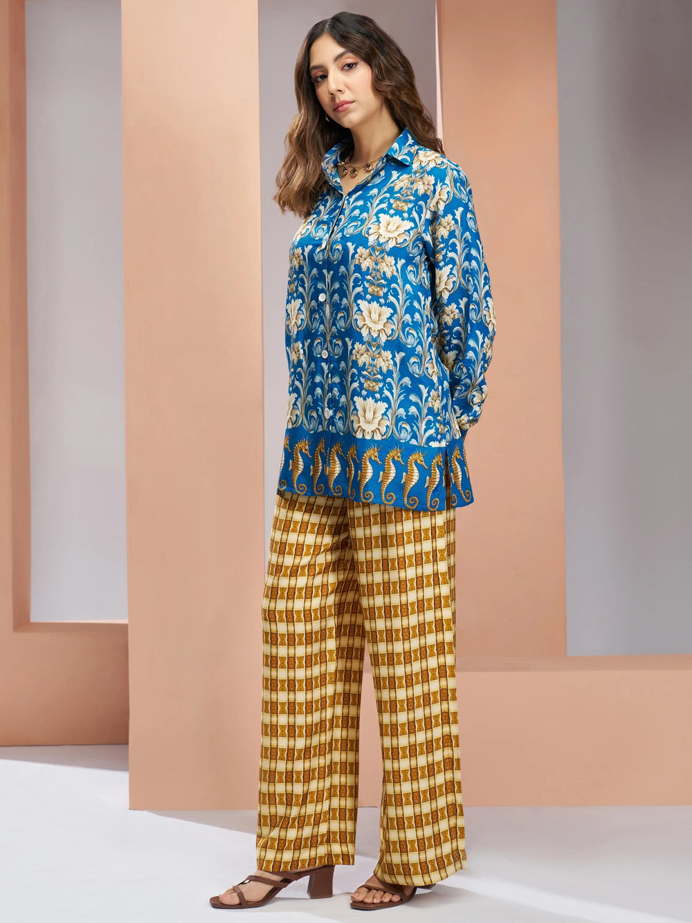 Royal Blue Floral Printed Silk Casual Wear Co-Ord Set