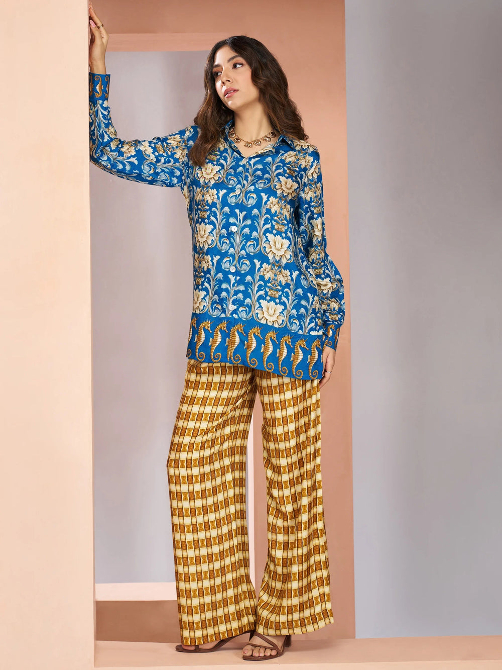 Royal Blue Floral Printed Silk Casual Wear Co-Ord Set