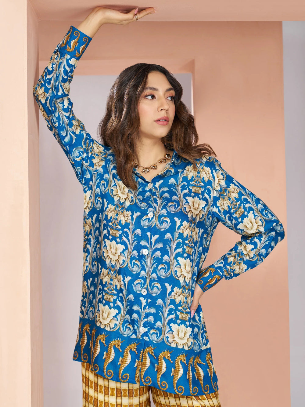 Royal Blue Floral Printed Silk Casual Wear Co-Ord Set
