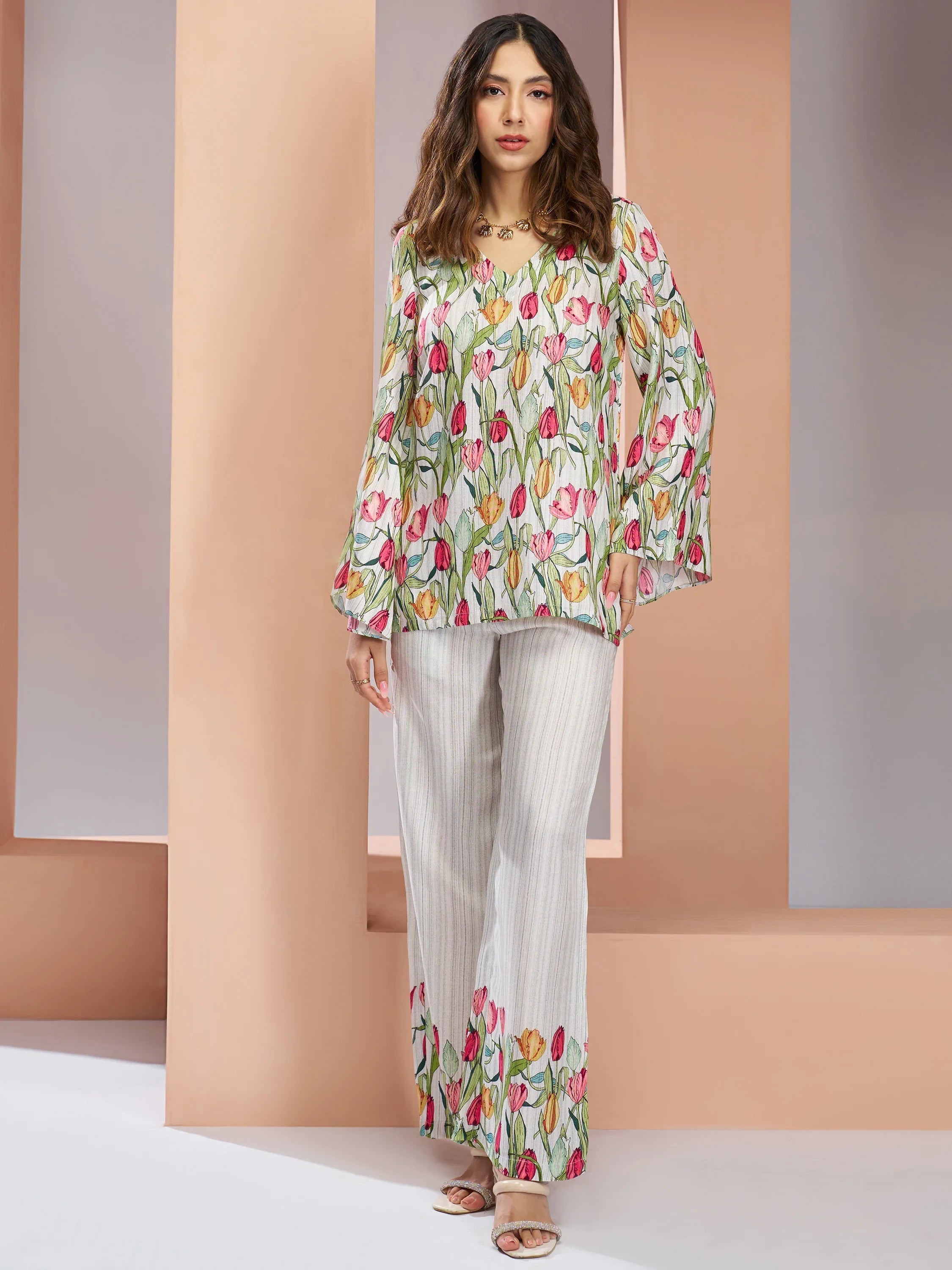 White Floral Printed Muslin Silk Office Wear Co-Ord Set