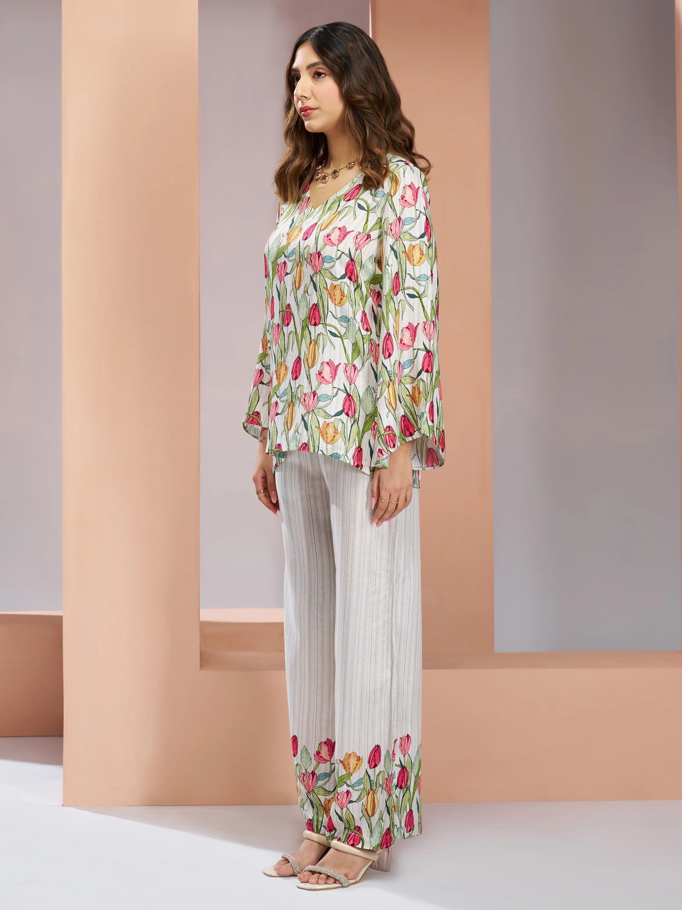 White Floral Printed Muslin Silk Office Wear Co-Ord Set