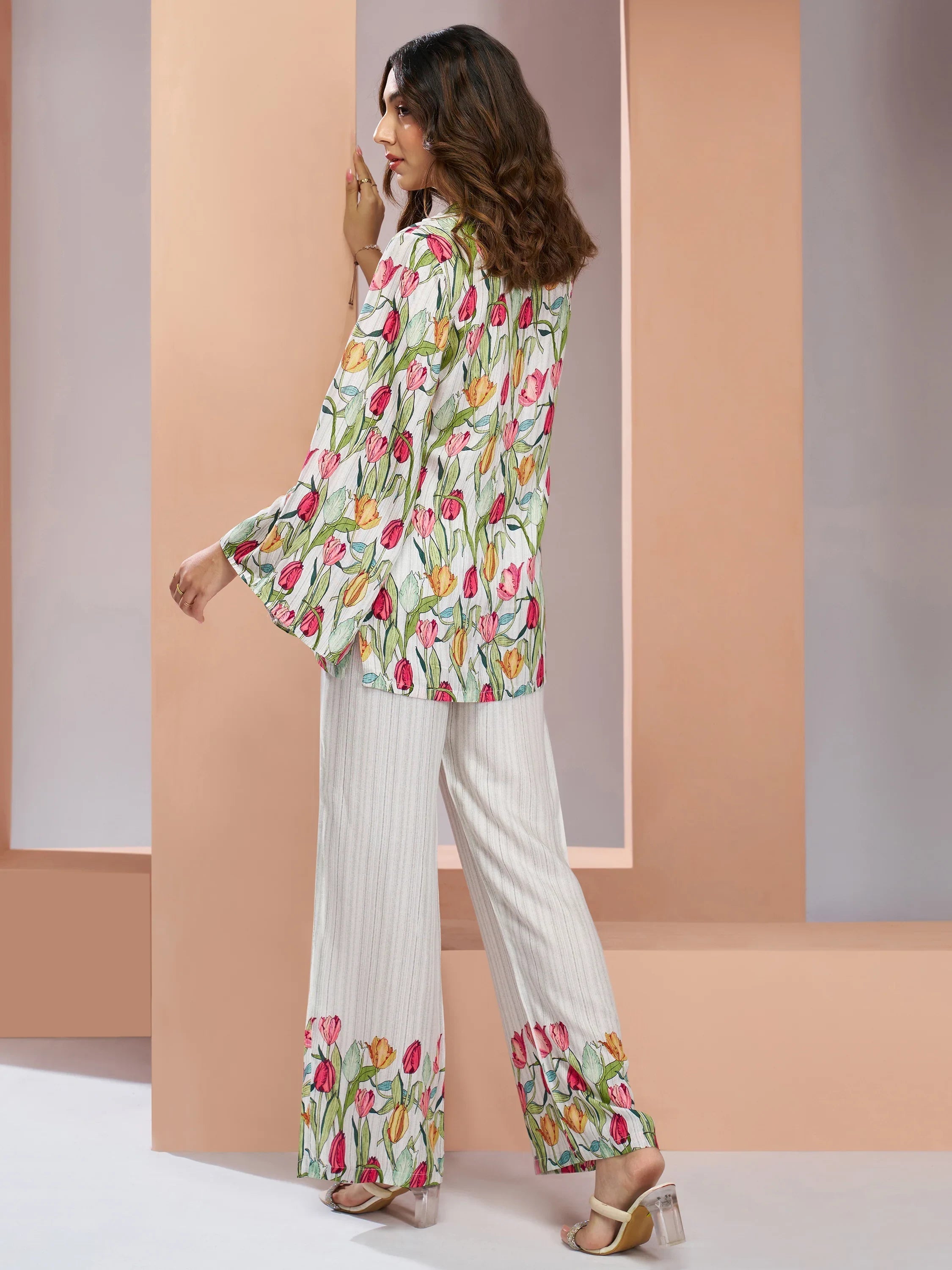 White Floral Printed Muslin Silk Office Wear Co-Ord Set