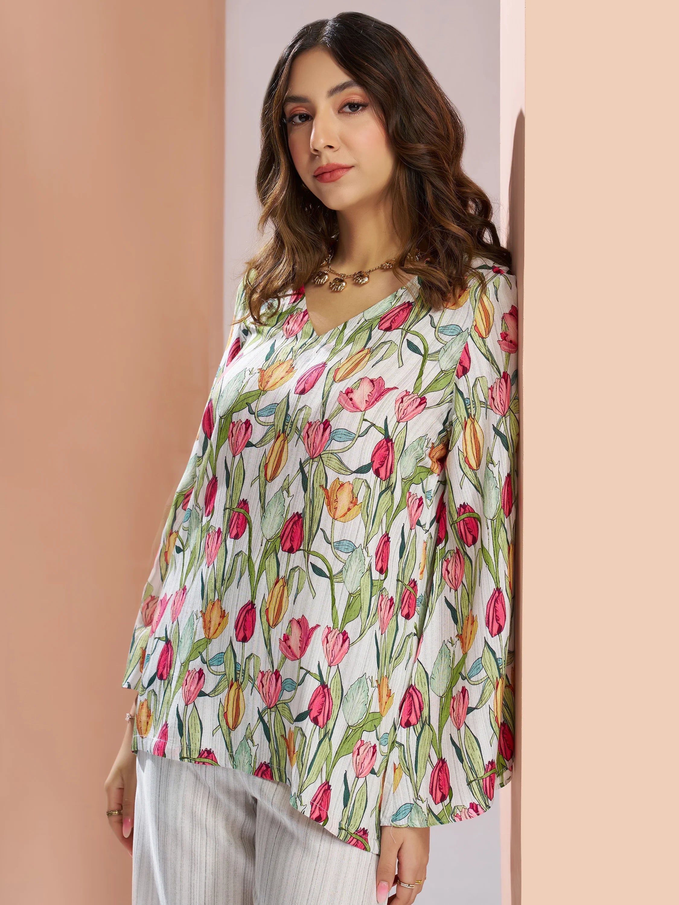 White Floral Printed Muslin Silk Office Wear Co-Ord Set