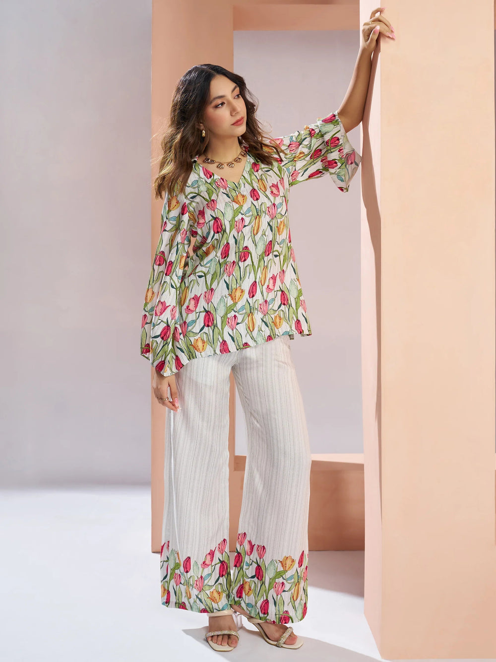 White Floral Printed Muslin Silk Office Wear Co-Ord Set