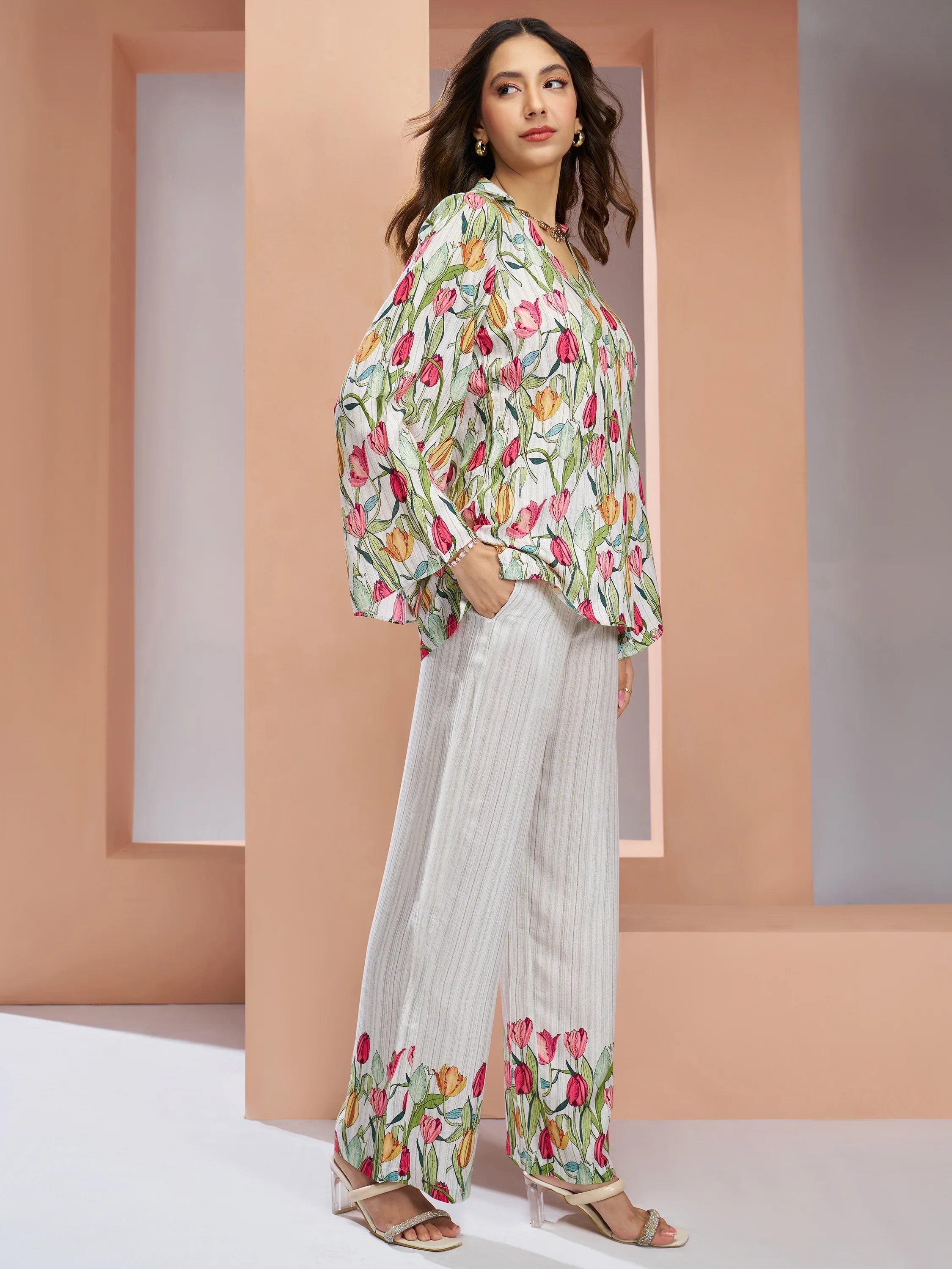 White Floral Printed Muslin Silk Office Wear Co-Ord Set