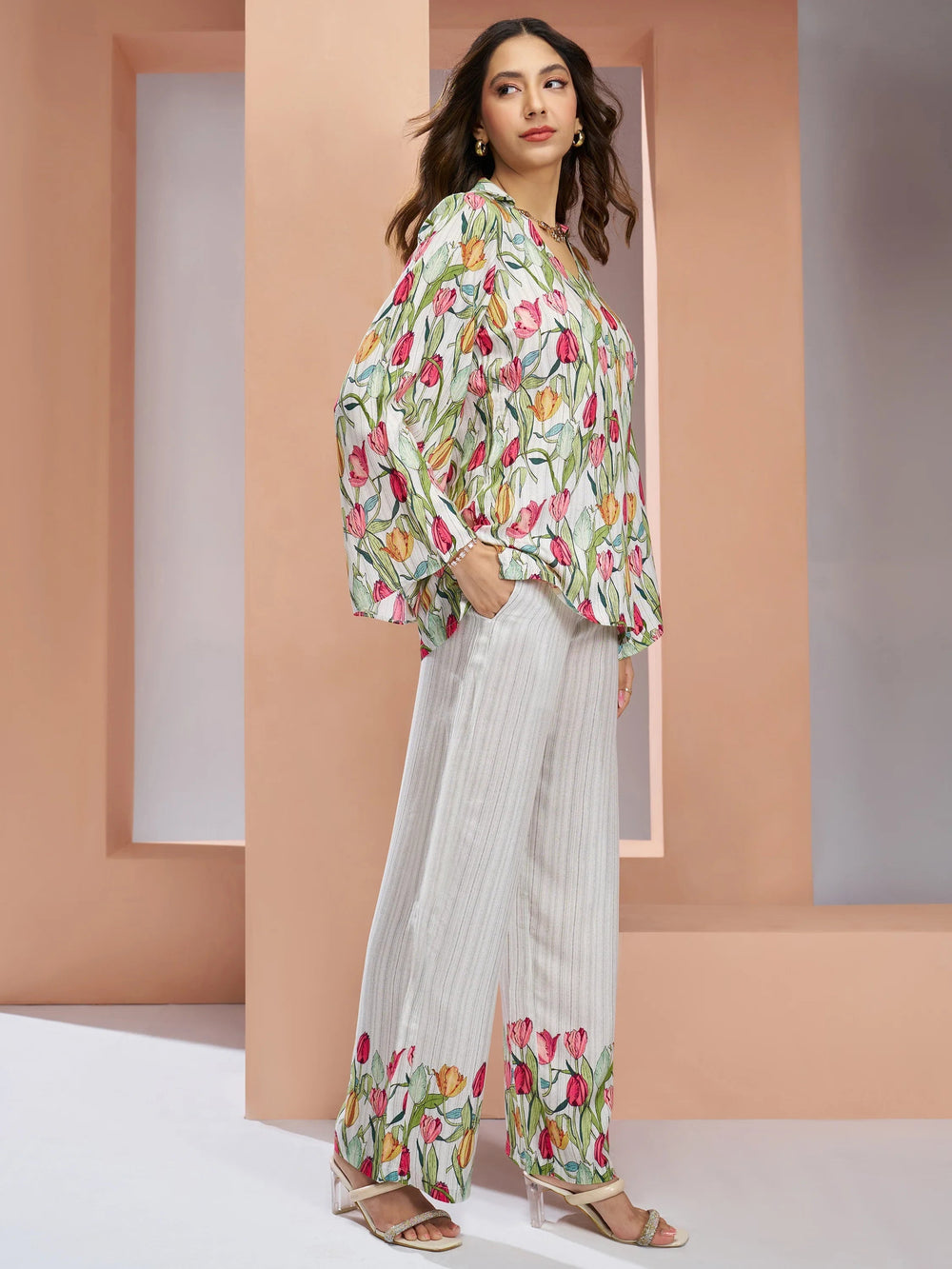 White Floral Printed Muslin Silk Office Wear Co-Ord Set