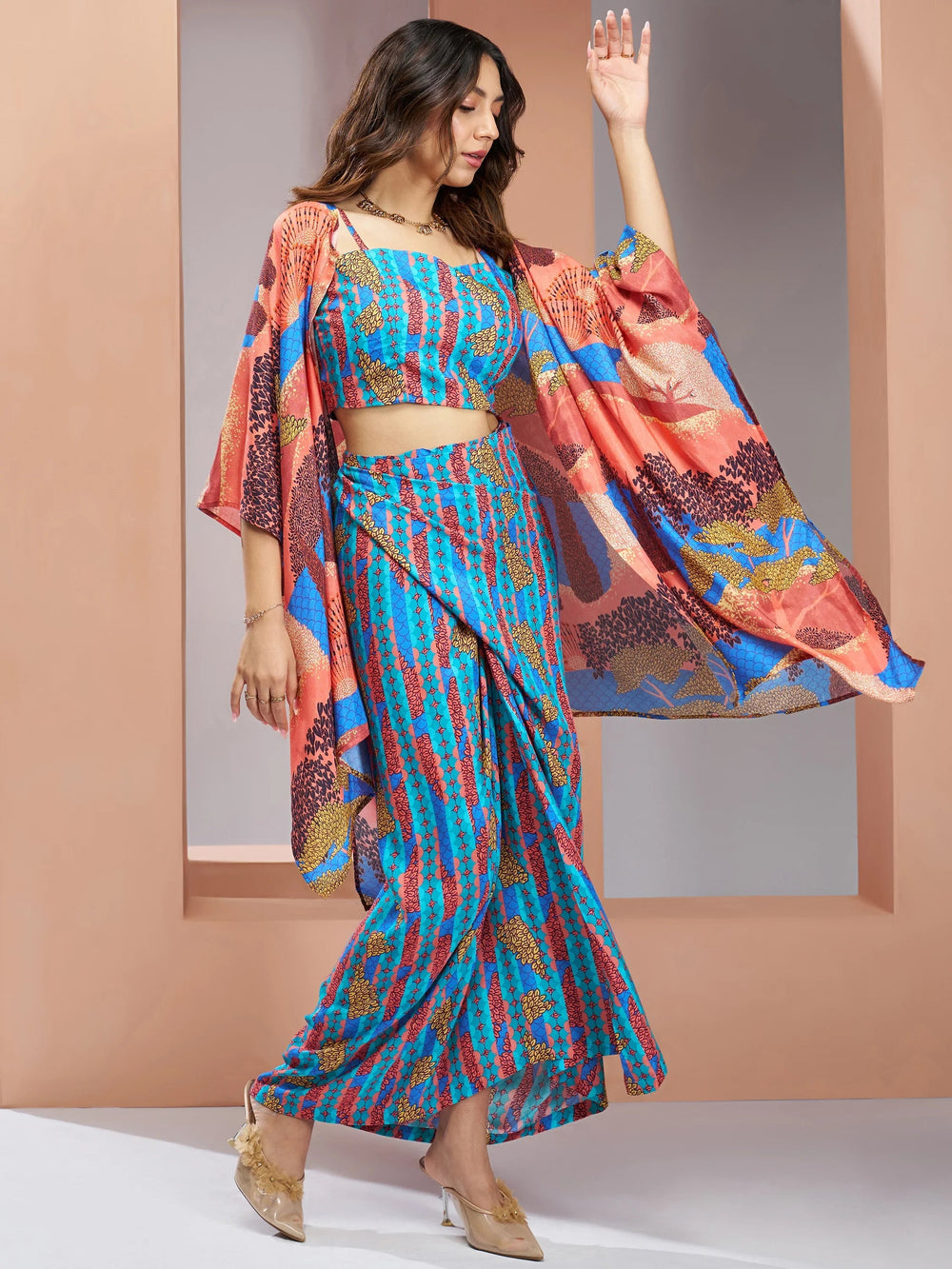 Aqua Blue Digital Printed Silk Party Wear Co-Ord Set